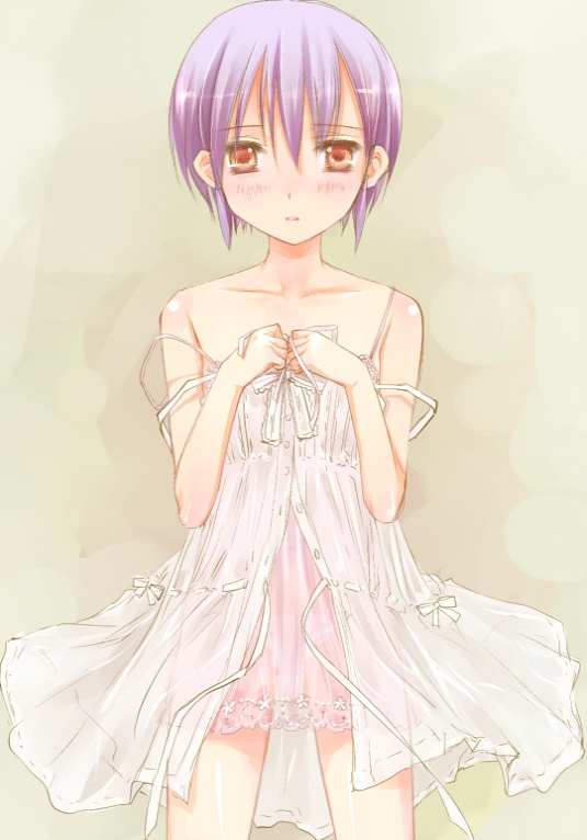 mofmof (sousa), original, lingerie, panties, purple hair, see-through clothes, short hair, solo, strap slip, underwear