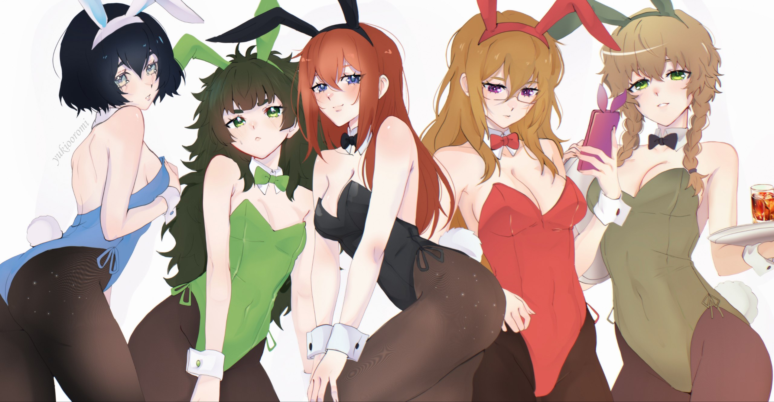 amane suzuha, hiyajou maho, kiryuu moeka, makise kurisu, urushibara luka, science adventure, steins;gate, steins;gate 0, commentary, english commentary, highres, 5girls, animal ears, black leotard, blue leotard, braid, breasts, detached collar, fake animal ears, green leotard, holding, holding phone, large breasts, leotard, medium breasts, multiple girls, pantyhose, phone, playboy bunny, rabbit ears, red leotard, small breasts, strapless, strapless leotard, twin braids, yukiooromi