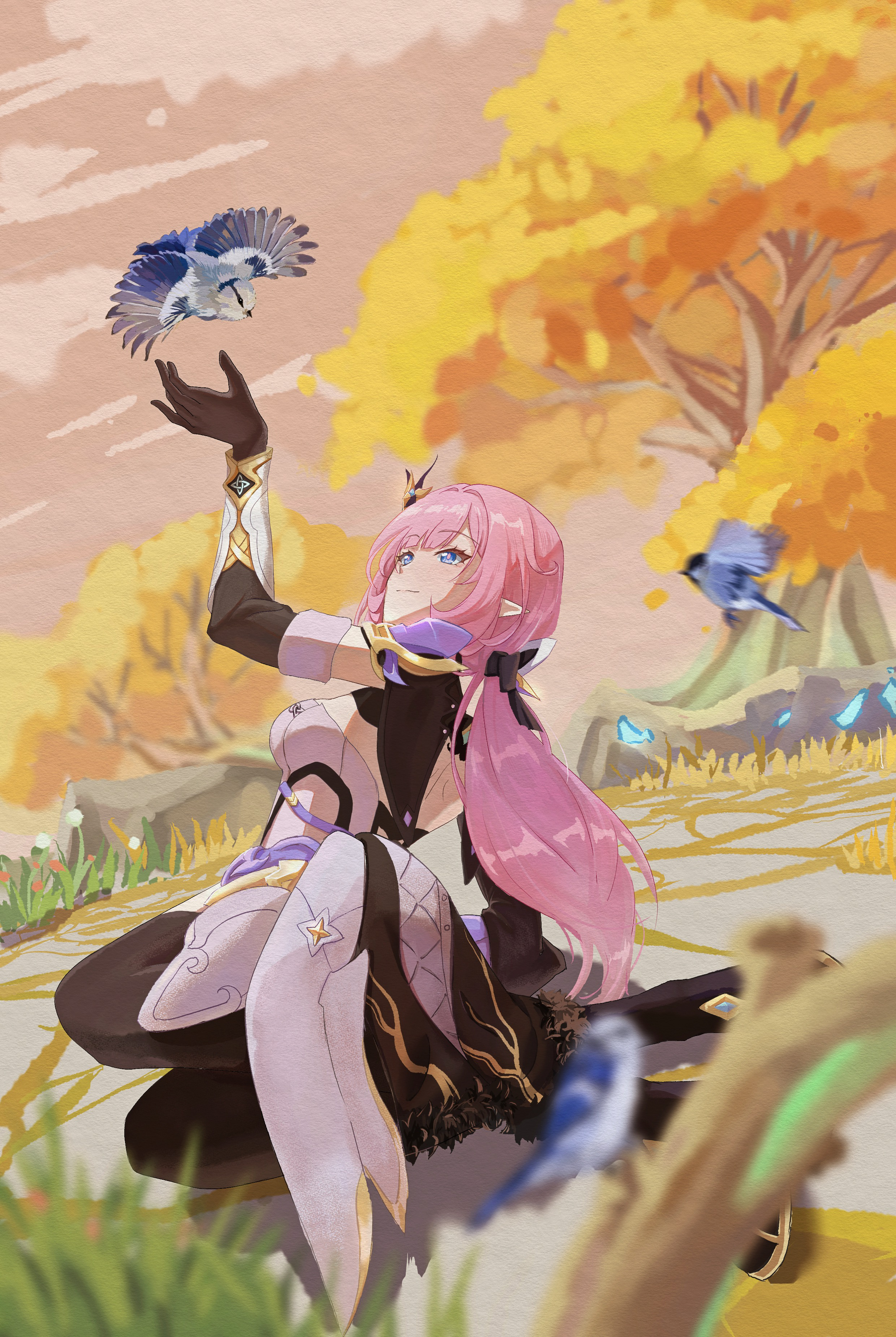 elysia (honkai impact), elysia (miss pink elf) (honkai impact), honkai (series), honkai impact 3rd, absurdres, commentary, highres, 1girl, bird, black boots, black gloves, blue eyes, boots, breasts, brown sky, corset, elf, gloves, hair ornament, long hair, lying, medium breasts, on side, outdoors, pink hair, pointy ears, smile, solo, tree, very long hair, wheelsofconfusion, white corset