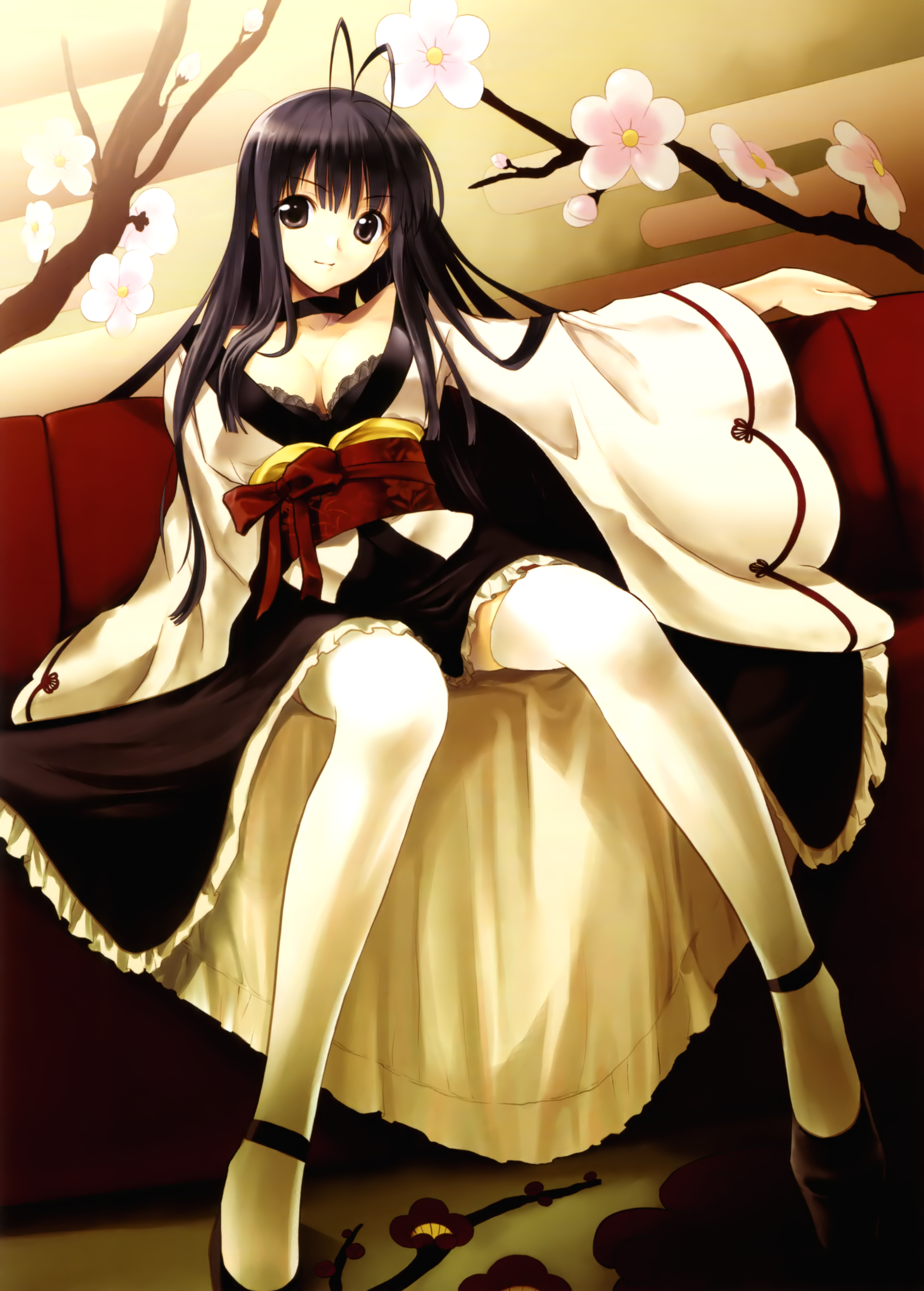 masaharu, narukana (seinarukana), eien no aselia, eternity sword series, seinarukana, absurdres, highres, 1girl, ahoge, black bra, black hair, bra, cherry blossoms, female focus, japanese clothes, lace, lace bra, long hair, looking at viewer, sitting, solo, thighhighs, underwear, white thighhighs