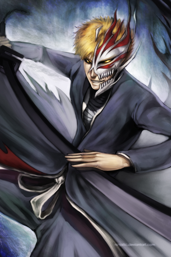ninjatic, kurosaki ichigo, shirosaki hichigo, bleach, 00s, 1boy, black sclera, broken mask, colored sclera, male focus, mask, orange hair, solo, sword, teeth, weapon, yellow eyes