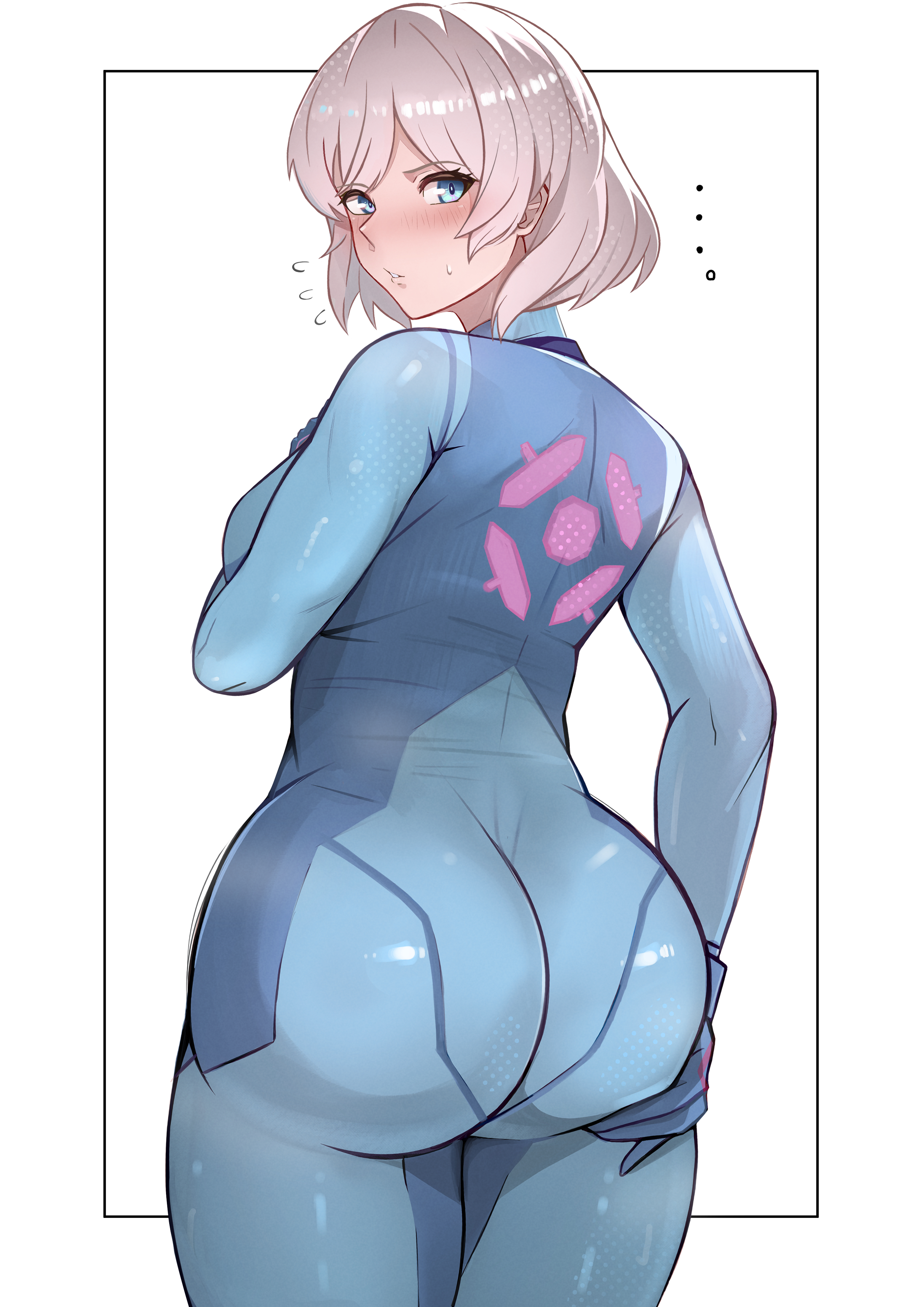 shee-p (inemurisheep113), samus aran, metroid, nintendo, original, absurdres, commentary request, commission, highres, skeb commission, …, 1girl, ass, blue bodysuit, blue eyes, blue gloves, blush, bodysuit, cosplay, flying sweatdrops, gloves, grabbing own ass, grey hair, looking at viewer, looking back, parted lips, samus aran (cosplay), short hair, sidelocks, simple background, skin tight, solo, standing, white background, zero suit