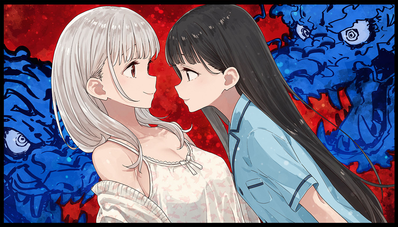 imigimuru, nukumizu kaju, shiratama riko, make heroine ga oo sugiru!, commentary request, official art, second-party source, 2girls, animal print, bare shoulders, bird print, blue background, blue shirt, breasts, brown eyes, brown hair, cleavage, collared shirt, dragon, long hair, looking at another, medium breasts, medium hair, multiple girls, pocket protector, red background, red eyes, shirt, short sleeves, smile, sweater, tank top, white hair, white shirt, white tank top