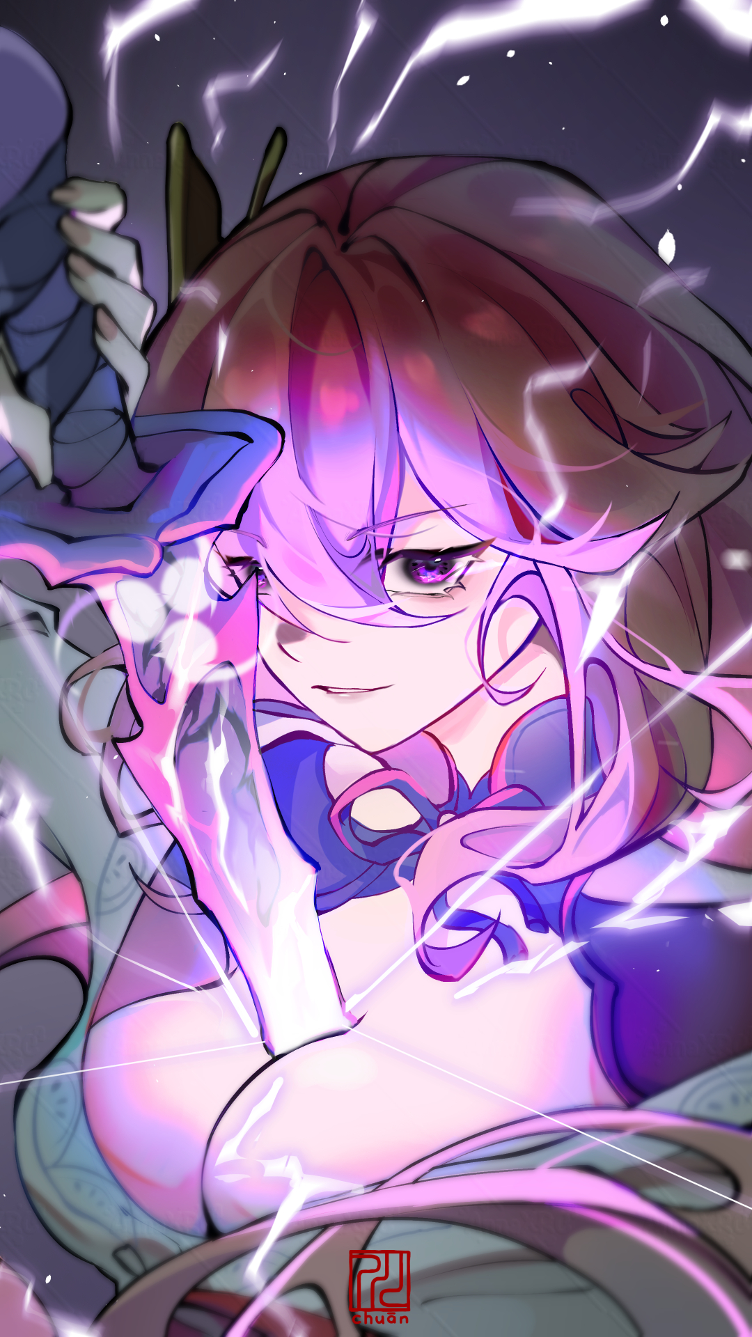 xrchuan (annaxrc), raiden shogun, yae miko, genshin impact, commentary request, highres, 1girl, braid, breasts, cosplay, engulfing lightning (genshin impact), holding, holding sword, holding weapon, human scabbard, japanese clothes, katana, kimono, long hair, low-braided long hair, low-tied long hair, pink hair, purple eyes, purple kimono, raiden shogun (cosplay), sword, weapon