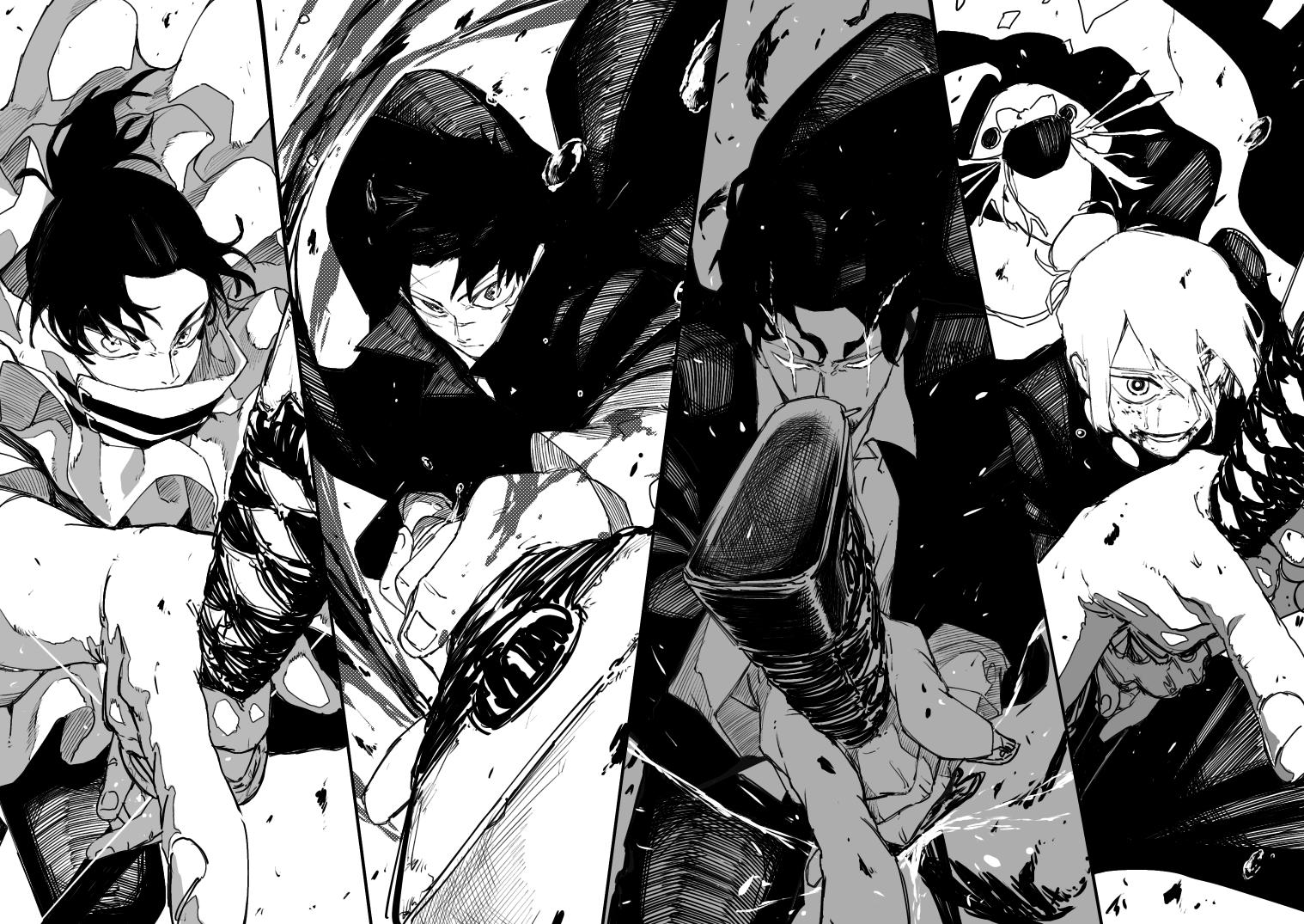 a (mitei7926), hiruhiko (kagurabachi), rokuhira chihiro, samura seiichi, uruha youji, kagurabachi, commentary, 4boys, blood, cloak, collared cloak, drawing sword, enten (sword), greyscale, holding, holding sword, holding weapon, jacket, katana, kumeyuri (sword), long hair, long sleeves, male focus, monochrome, multiple boys, scar, scar across eyes, scar on face, sheath, short hair, sword, tobimune (sword), unsheathing, weapon