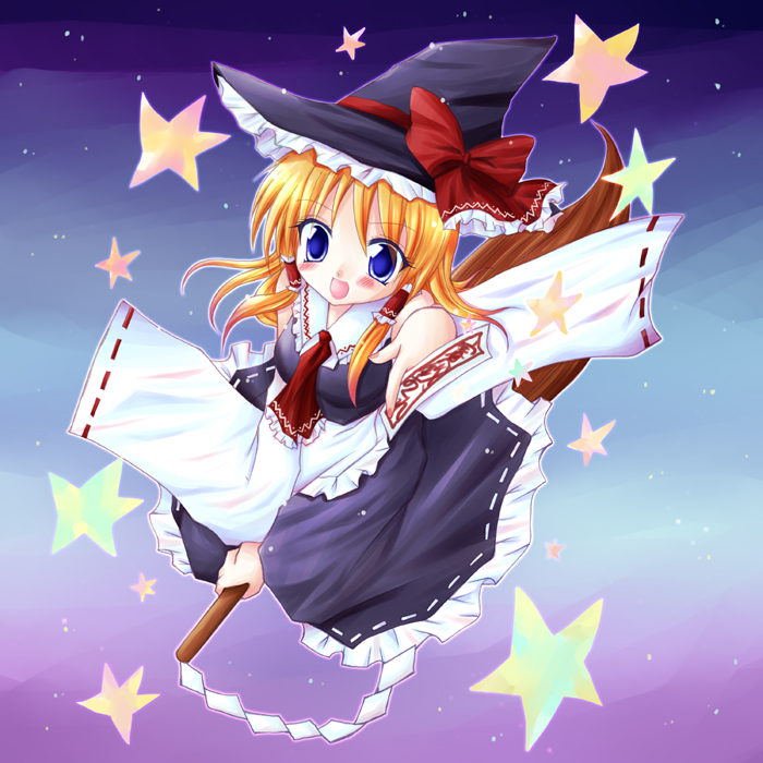 meiya neon, hakurei reimu, kirisame marisa, touhou, 1girl, blonde hair, broom, cosplay, female focus, fusion, gohei, hakurei reimu (cosplay), hat, if they mated, solo, star (symbol), witch, witch hat