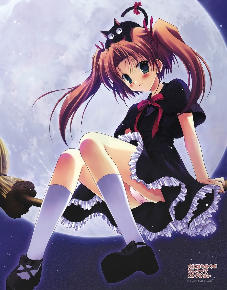 tanihara natsuki, highres, scan, 1girl, animal, animal on head, artist name, black cat, black dress, black shoes, blush, bow, broom, broom riding, brown hair, capelet, cat, cat on head, dress, female focus, footwear bow, frilled dress, frills, full moon, green eyes, hair ribbon, kneehighs, knees together feet apart, long hair, looking at viewer, moon, neck ribbon, night, on head, panties, pantyshot, parted bangs, pink panties, ribbon, shoes, sky, smile, socks, solo, twintails, underwear, white socks