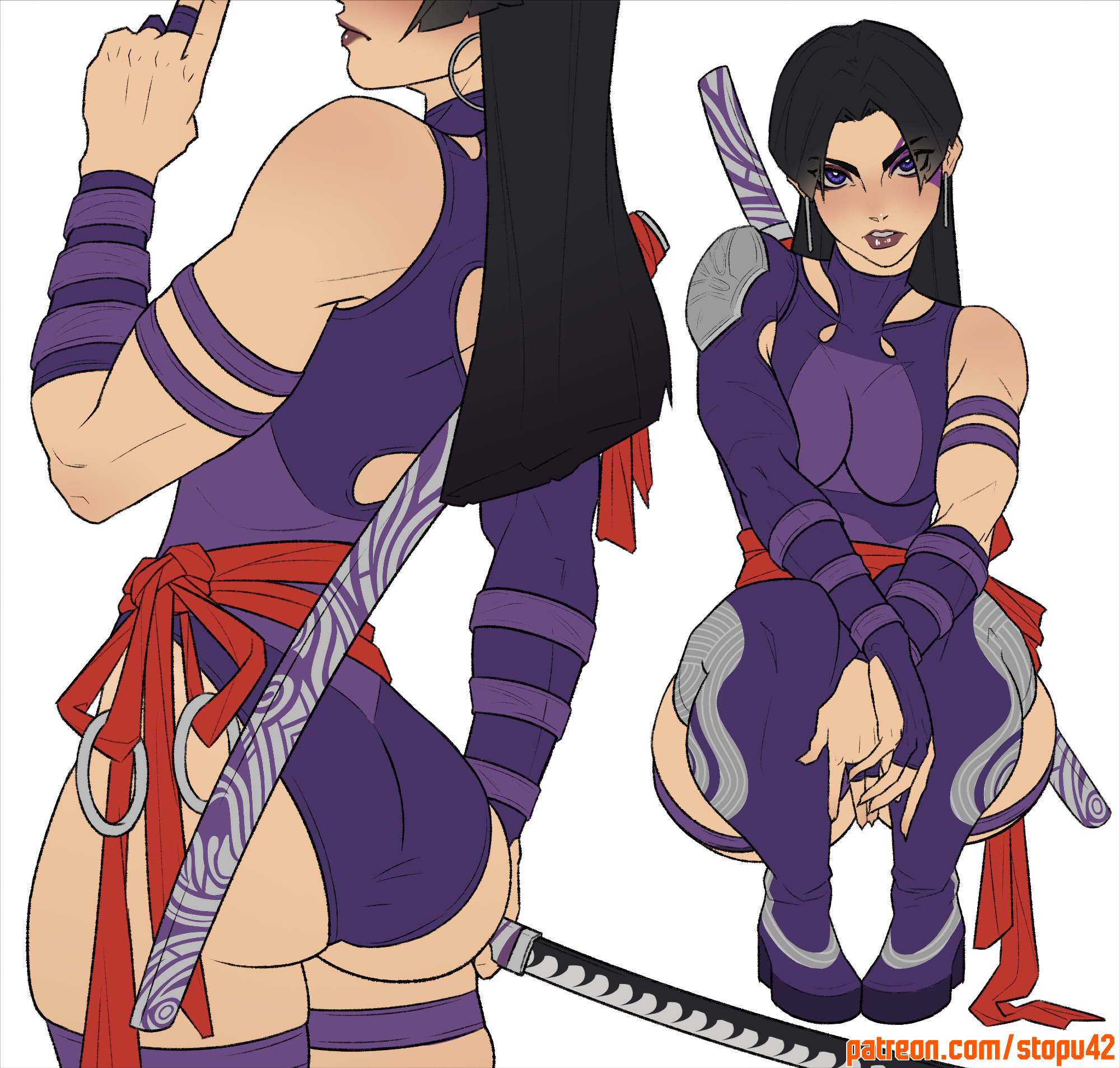 stopu, psylocke, psylocke (vengeance), marvel, marvel rivals, x-men, highres, 1girl, armor, ass, black hair, boots, breasts, closed mouth, earrings, facial tattoo, from behind, full body, hand up, holding, holding sword, holding weapon, hoop earrings, jewelry, leotard, long hair, looking at viewer, medium breasts, nose, parted lips, patreon username, purple boots, purple eyes, purple leotard, purple lips, red rope, rope, shoulder armor, simple background, single bare shoulder, single sleeve, skindentation, squatting, sword, sword on back, tattoo, thick thighs, thigh boots, thigh strap, thighs, toned, toned female, weapon, weapon on back, white background