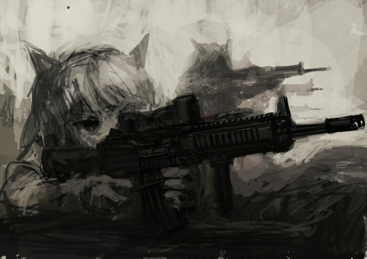 lm7 (op-center), bad id, bad pixiv id, 1girl, animal ears, female focus, gun, monochrome, rifle, sepia, solo, weapon