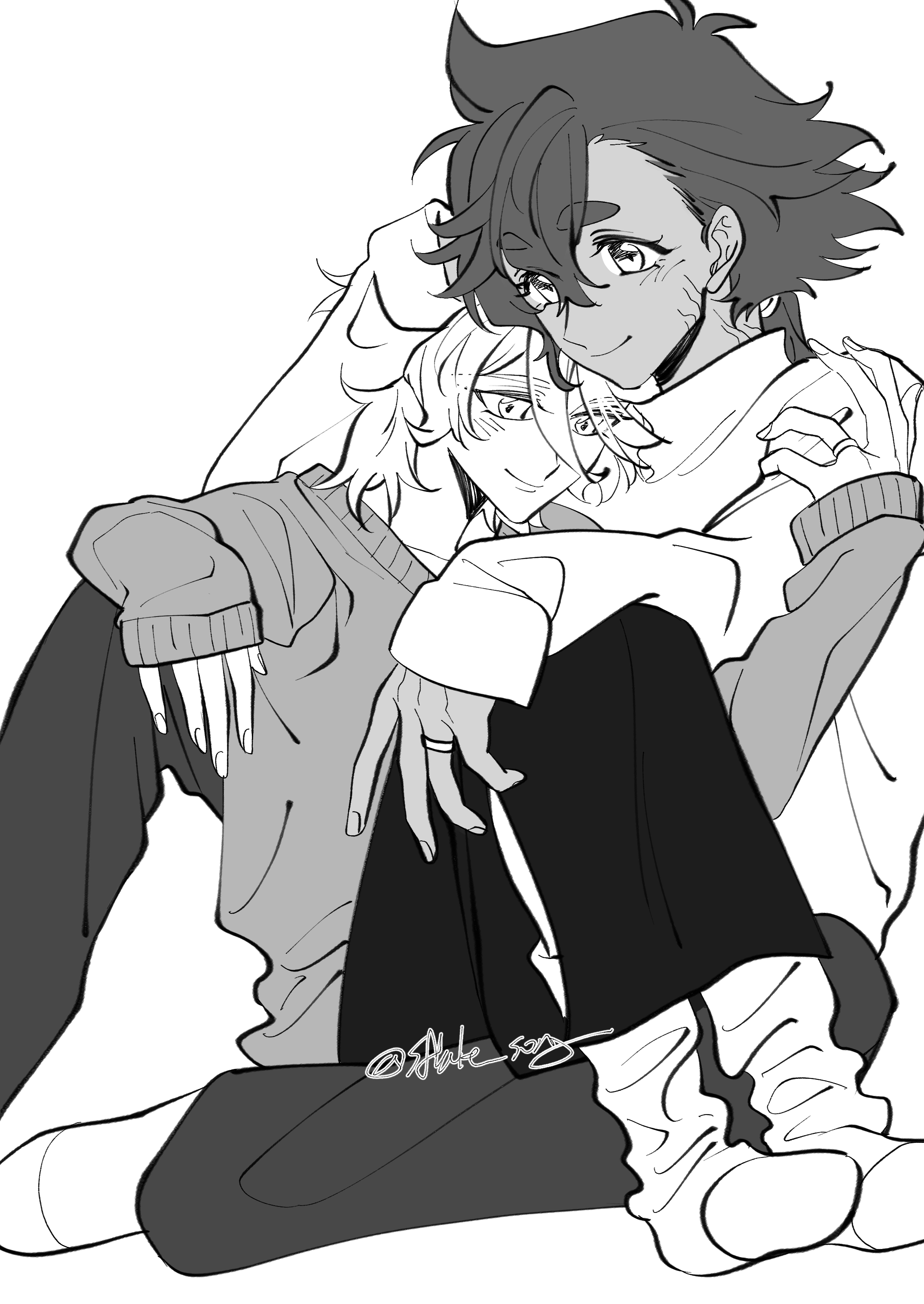 sflake song, miorine rembran, suletta mercury, gundam, gundam suisei no majo, absurdres, commentary request, highres, korean commentary, 2girls, between legs, closed mouth, greyscale, jewelry, long hair, monochrome, multiple girls, pants, ring, scar, scar on face, skirt, smile, socks, sweater, thick eyebrows, wedding ring, wife and wife, yuri