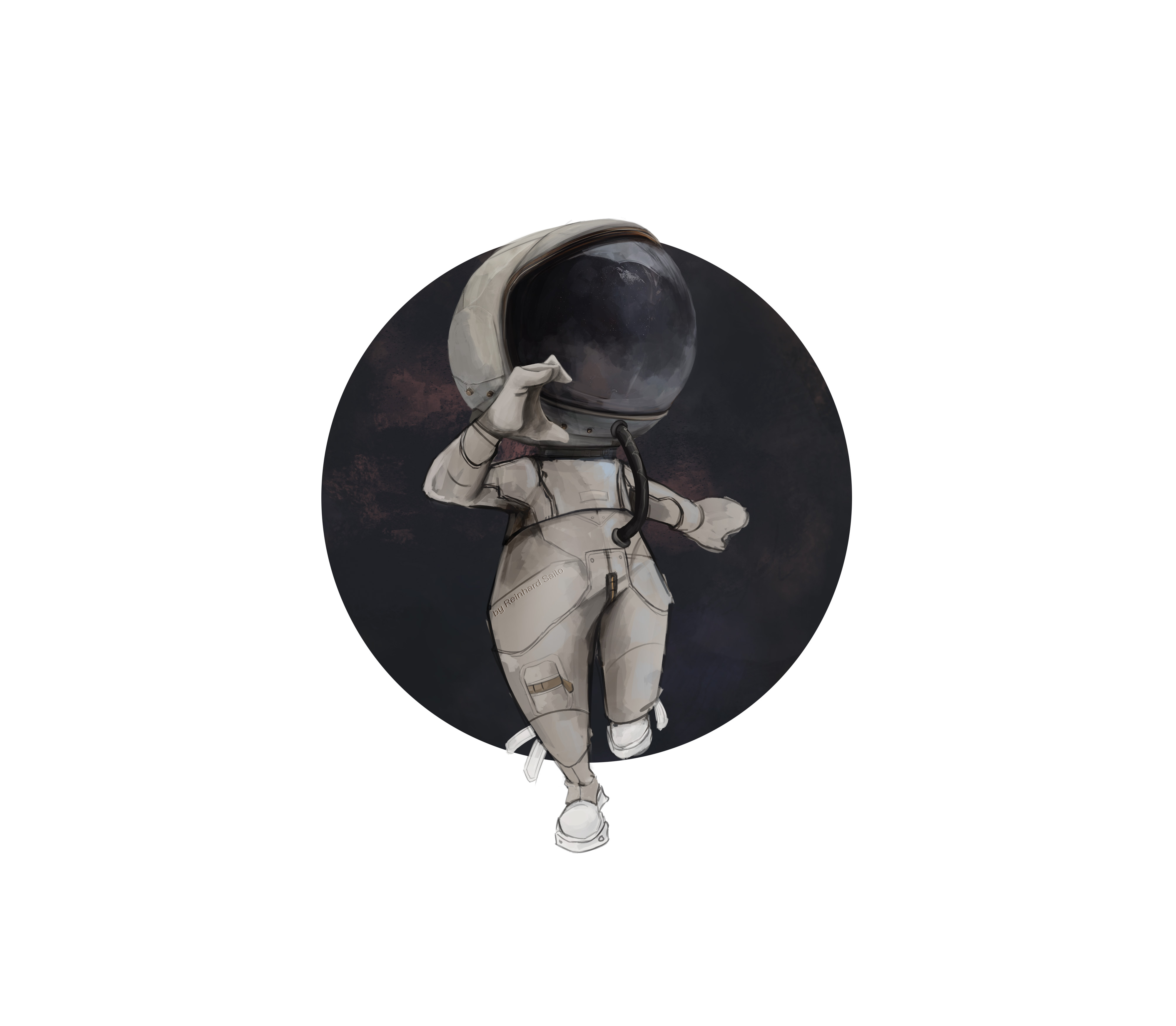 shadow slave, absurdres, commentary, english commentary, highres, textless version, 1other, asterion (shadow slave), astronaut, chibi, chibi only, covered face, full body, half-heart hands, hand up, helmet, other focus, reinhy, solo, space, space helmet, spacesuit, standing, standing on one leg