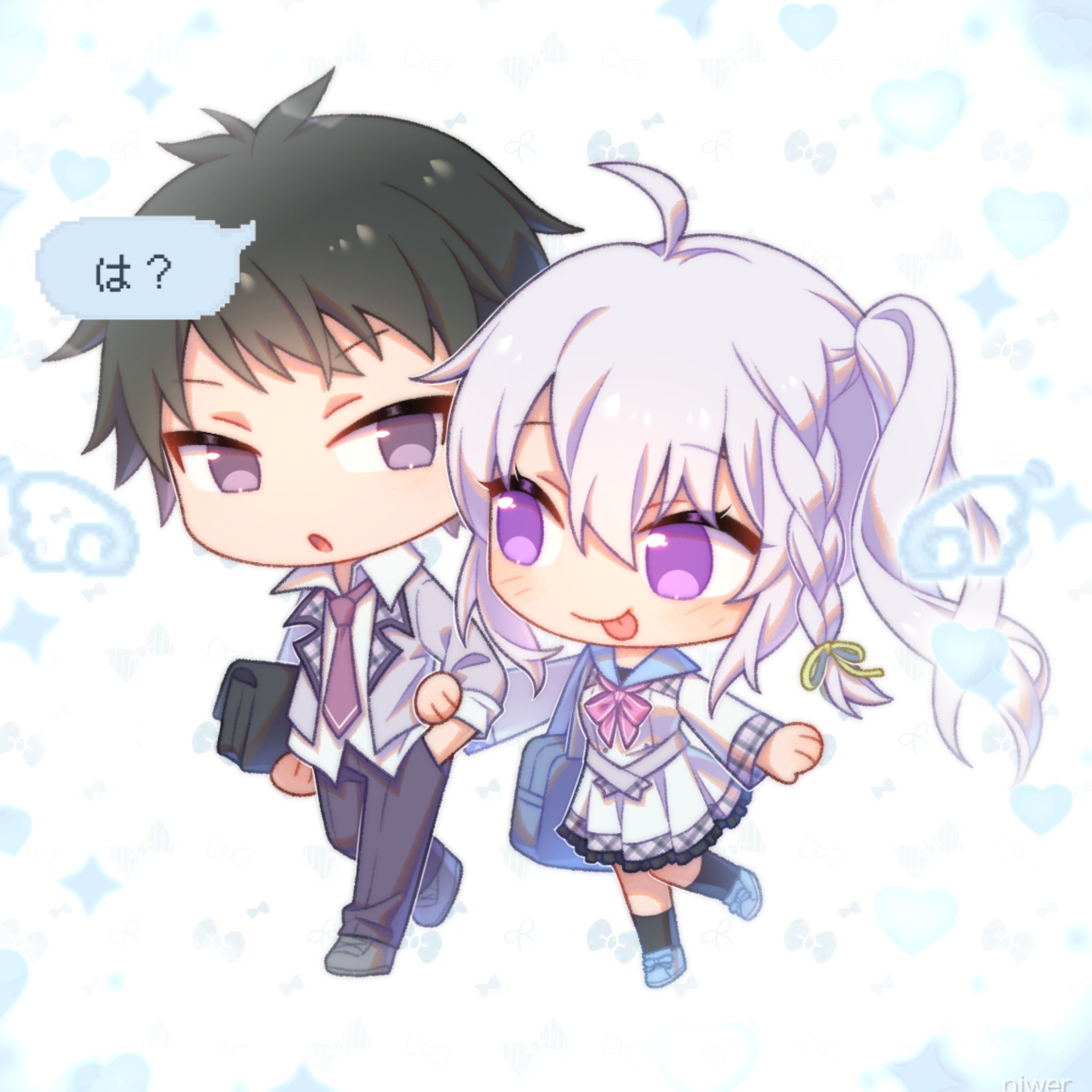 niimi kakeru, niimi sora, 9-nine-, commentary, highres, symbol-only commentary, translated, 1boy, 1girl, :p, ahoge, arm hug, black hair, black pants, black socks, blush, bow, bowtie, braid, brother and sister, chibi, chibi only, closed mouth, collared shirt, dress, frilled dress, frills, full body, green ribbon, grey eyes, grey hair, grey jacket, hair between eyes, hair ribbon, hakusen academy school uniform, hand in pocket, heart, jacket, kneehighs, long hair, long sleeves, looking at another, medium dress, necktie, open clothes, open jacket, pants, pink bow, pink bowtie, pleated dress, purple eyes, red necktie, ribbon, school uniform, shirt, short hair, siblings, side ponytail, simple background, single braid, smile, socks, sparkle, speech bubble, spiked hair, standing, standing on one leg, tongue, tongue out, white background, white dress, white shirt, ww79753179