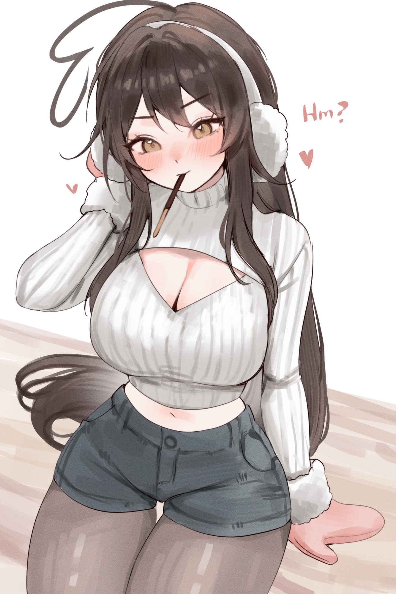 sky above me, sky above me (vtuber), indie virtual youtuber, commentary, english commentary, highres, ahoge, blush, breasts, brown eyes, brown hair, cleavage, cleavage cutout, clothing cutout, double-parted bangs, earmuffs, food, food in mouth, heart, heart ahoge, huge ahoge, large breasts, leggings, long hair, long sleeves, midriff, mittens, navel, pocky, pocky in mouth, shorts, sidelocks, skindentation, sweater, turtleneck, turtleneck sweater, virtual youtuber