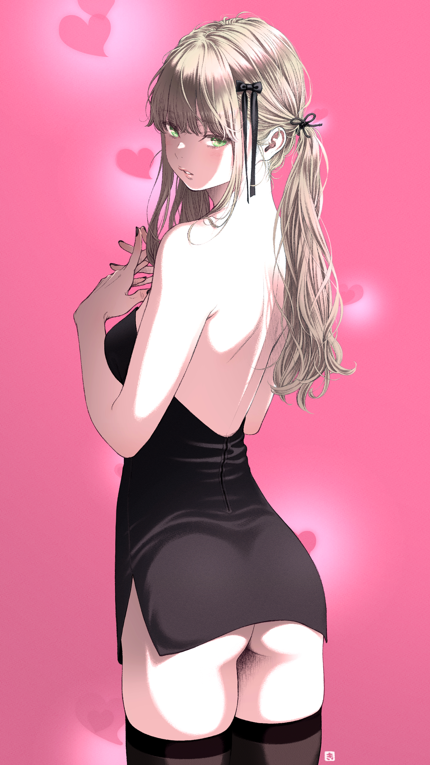 key (kagibangou), original, absurdres, commentary request, highres, 1girl, ass, backless dress, backless outfit, black dress, black thighhighs, blonde hair, blush, breasts, dress, from behind, green eyes, heart, long hair, looking at viewer, looking back, own hands together, parted lips, pink background, short dress, small breasts, solo, thighhighs, twintails