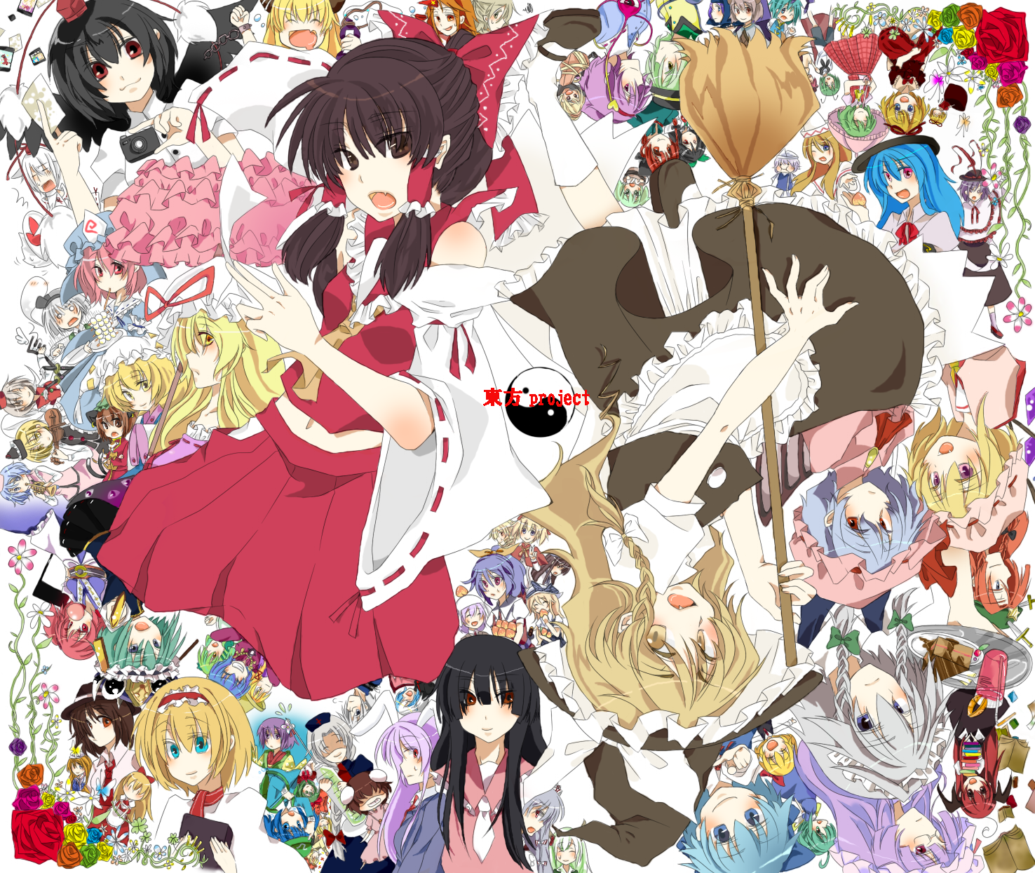 hakunii, aki minoriko, aki shizuha, alice margatroid, chen, cirno, daiyousei, ex-keine, flandre scarlet, fujiwara no mokou, hakurei reimu, hieda no akyuu, hinanawi tenshi, hong meiling, hoshiguma yuugi, houraisan kaguya, ibuki suika, inaba tewi, inubashiri momiji, izayoi sakuya, kaenbyou rin, kagiyama hina, kamishirasawa keine, kawashiro nitori, kazami yuuka, kirisame marisa, kisume, koakuma, kochiya sanae, komeiji koishi, komeiji satori, konpaku youmu, konpaku youmu (ghost), kumoi ichirin, kurodani yamame, letty whiterock, lily white, luna child, lunasa prismriver, lyrica prismriver, maribel hearn, medicine melancholy, merlin prismriver, mizuhashi parsee, morichika rinnosuke, moriya suwako, mystia lorelei, nagae iku, nazrin, onozuka komachi, patchouli knowledge, reisen, reisen udongein inaba, reiuji utsuho, remilia scarlet, rumia, saigyouji yuyuko, shameimaru aya, shiki eiki, star sapphire, su-san, sunny milk, tatara kogasa, tokiko (touhou), usami renko, watatsuki no toyohime, watatsuki no yorihime, wriggle nightbug, yagokoro eirin, yakumo ran, yakumo yukari, yasaka kanako, touhou, bad id, bad pixiv id, highres, 6+girls, blonde hair, blue flower, blue rose, everyone, flower, green flower, green rose, hitodama, horns, multiple girls, orange flower, orange rose, pink flower, pink rose, purple flower, purple rose, red eyes, red flower, red rose, rose, single horn, team 9 (touhou), two side up, yellow flower, yellow rose