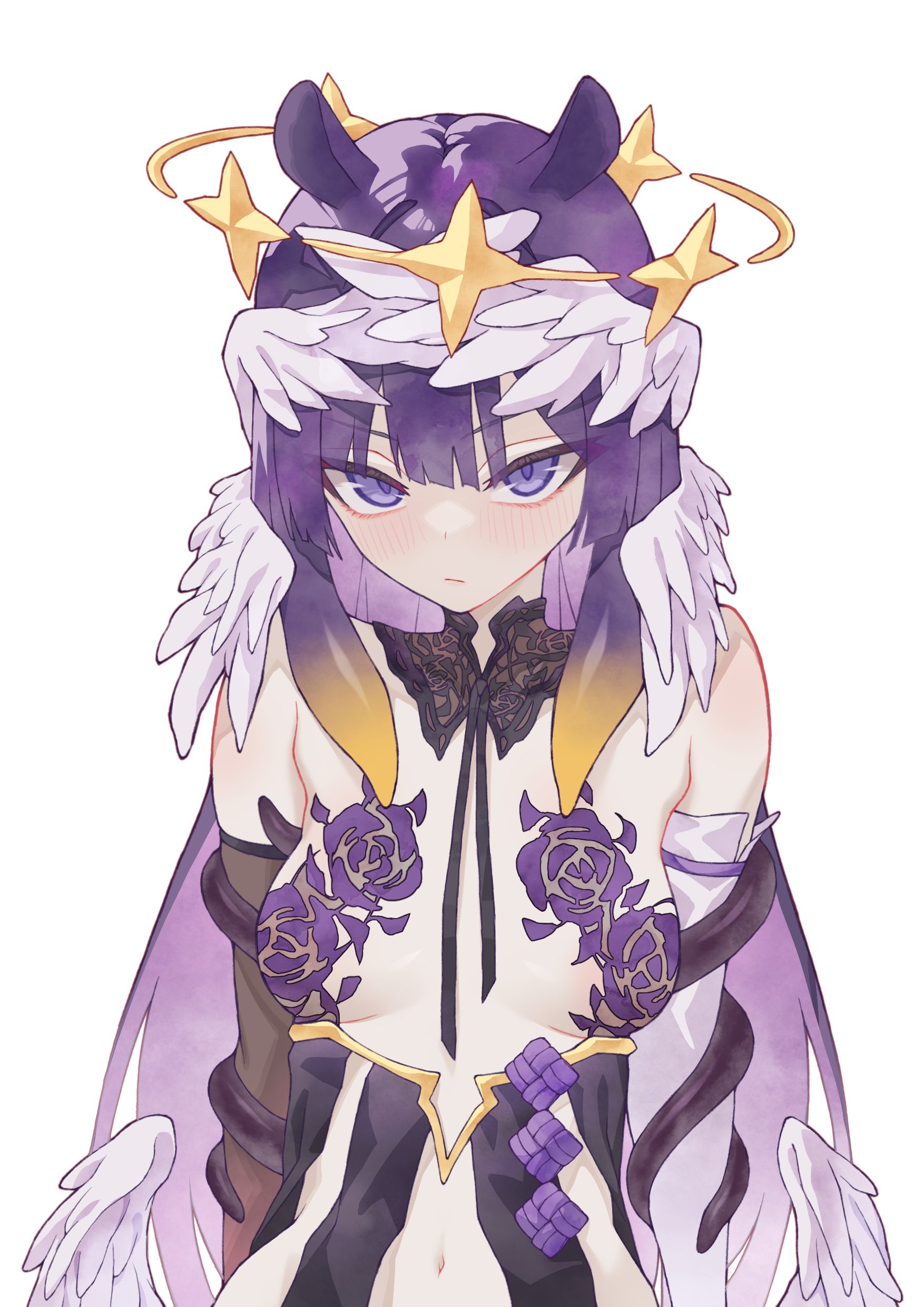 boijfal, ninomae ina'nis, hololive, hololive english, absurdres, commentary, highres, 1girl, asymmetrical gloves, bare shoulders, breasts, dot nose, feathered wings, floral print, gloves, halo, head wings, long hair, looking at viewer, low wings, multicolored hair, navel, orange hair, purple eyes, purple hair, rose print, simple background, small breasts, solo, star (symbol), tentacle hair, virtual youtuber, wings