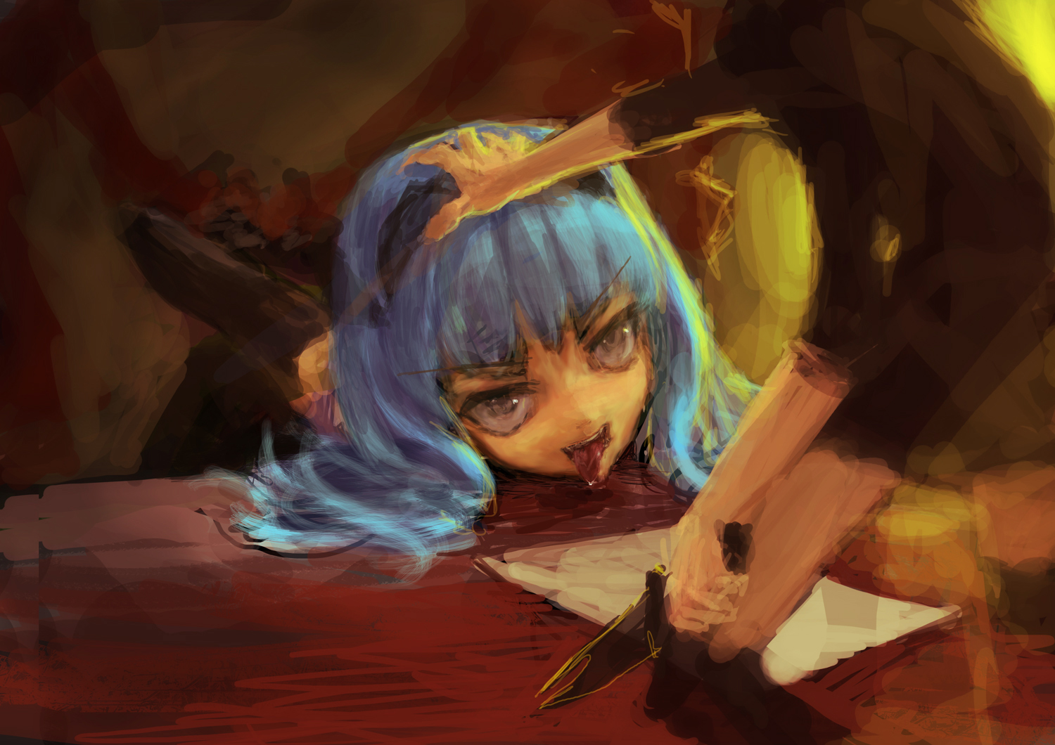 lm7 (op-center), bad id, bad pixiv id, 1girl, :p, blue hair, knife, licking, solo focus, table, tongue, tongue out