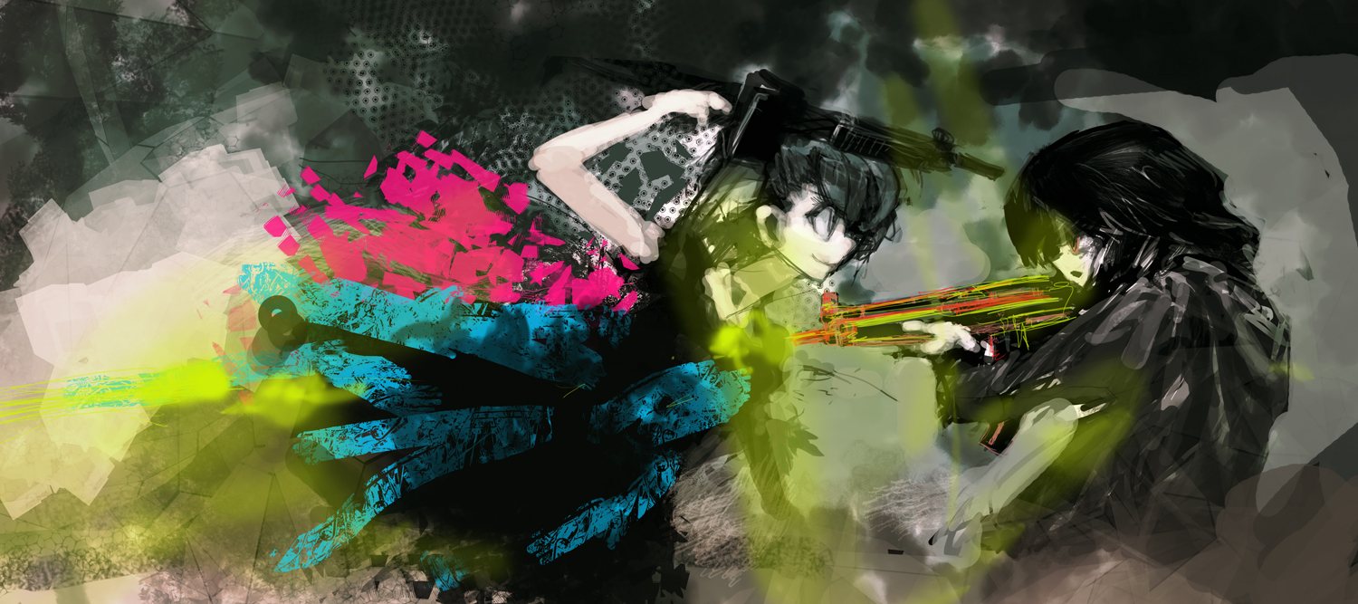 lm7 (op-center), bad id, bad pixiv id, 2girls, battle, gun, multiple girls, smile, weapon