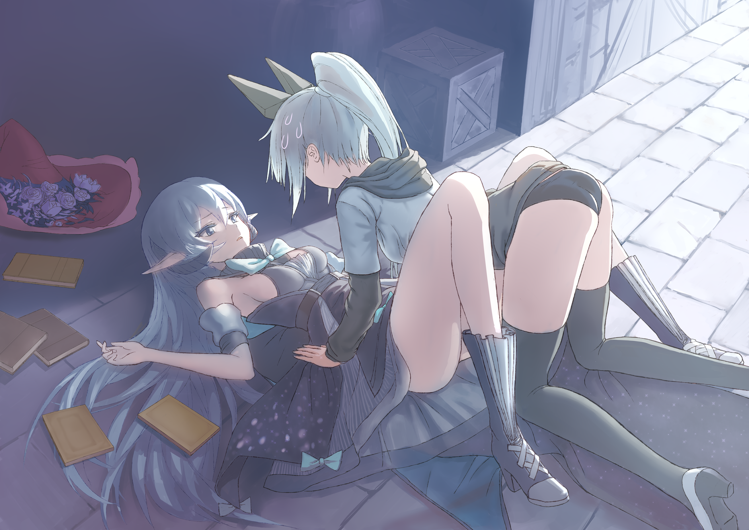 xsk (ruanmumu), pixiv fantasia, pixiv fantasia last saga, commentary request, highres, 2girls, alicia (pixiv fantasia last saga), all fours, ass, black dress, black panties, black thighhighs, book, box, breasts, detached sleeves, dress, elf, eye contact, grey hair, hat, high heels, hood, hood down, long hair, looking at another, lying, multiple girls, on back, outdoors, panties, pianist (pixiv fantasia last saga), pointy ears, small breasts, sweatdrop, thighhighs, underwear, unworn hat, unworn headwear, very long hair, yuri