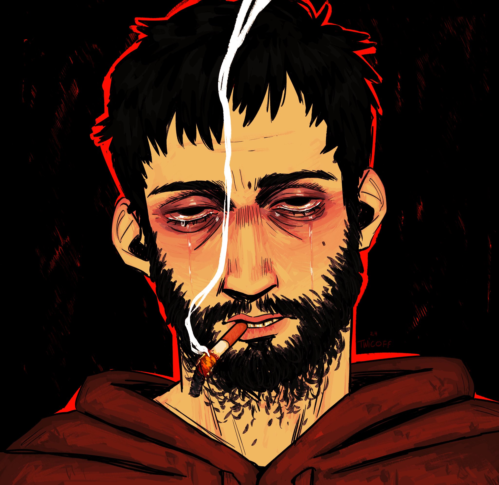 simon henriksson, cry of fear, commentary, english commentary, highres, 1boy, beard stubble, black hair, bloodshot eyes, cigarette, crying, crying with eyes open, facial hair, half-closed eyes, head tilt, hood, hood down, hoodie, looking at viewer, male focus, neckbeard, portrait, red hoodie, short hair, smoke, smoke trail, solo, squinting, stubble, tears, ttwicoff