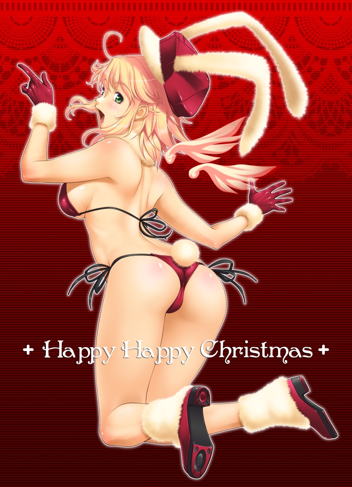 asakura sakura, original, 1girl, animal ears, ass, back, bikini, breasts, christmas, female focus, gloves, green eyes, hat, large breasts, legs, long hair, looking back, rabbit ears, red gloves, santa bikini, santa costume, shoes, side-tie bikini bottom, sideboob, solo, swimsuit, thighs, wings
