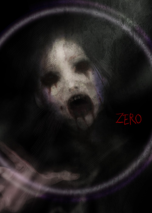 agasang, fatal frame, 1girl, black hair, blood, circle, creepy, empty eyes, female focus, ghost, horror (theme), no eyes, nostrils, open mouth, pale skin, purple hair, solo, teeth
