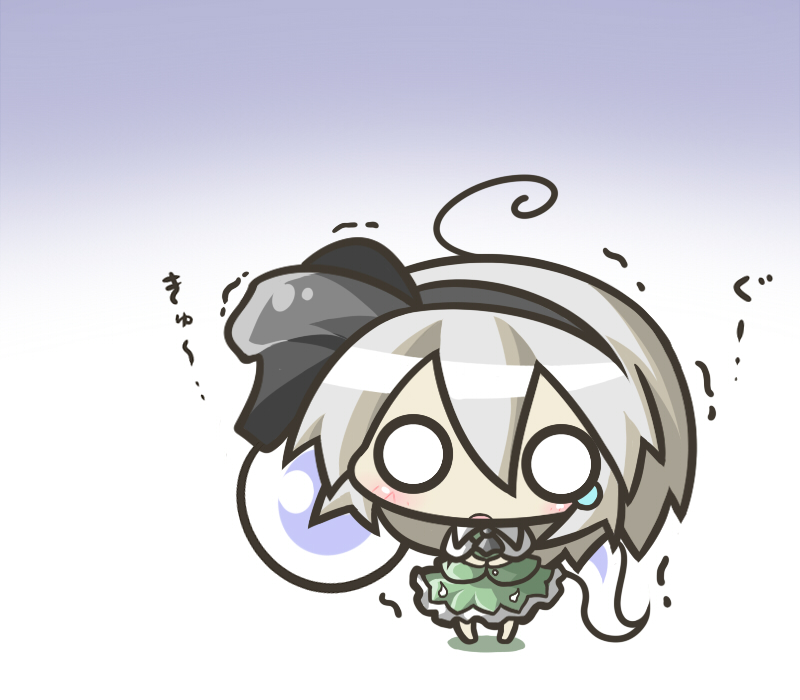 aoblue, konpaku youmu, konpaku youmu (ghost), touhou, 1girl, chibi, female focus, full body, gradient background, scared, simple background, solo, tears, trembling, white background