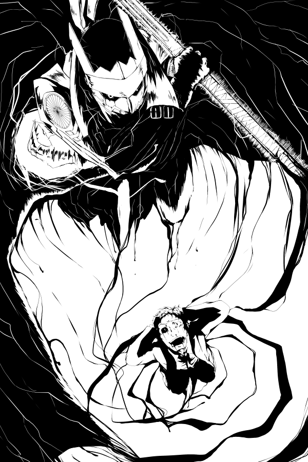 luv-musiq, adachi tooru, magatsu izanagi, atlus, persona, persona 4, 2boys, blood, dark persona, dual persona, formal clothes, from above, greyscale, injury, katana, looking at viewer, looking up, male focus, monochrome, multiple boys, necktie, short hair, shouting, suit, sword, weapon