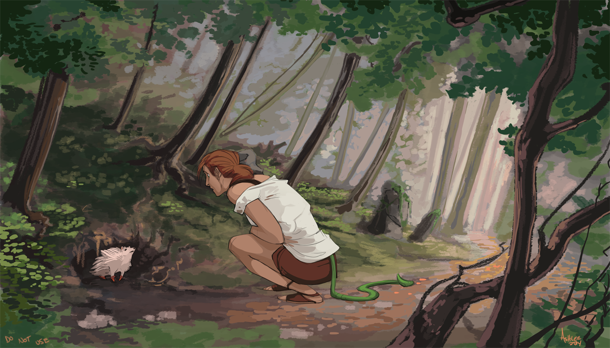 greekceltic, jacky (greekceltic), original, 1girl, 1other, black bra, bra, bra strap, brown sandals, brown shorts, forest, grass, hedgehog, medium hair, nature, orange hair, outdoors, ponytail, sandals, shirt, shorts, squatting, tail, tree, underwear, white shirt