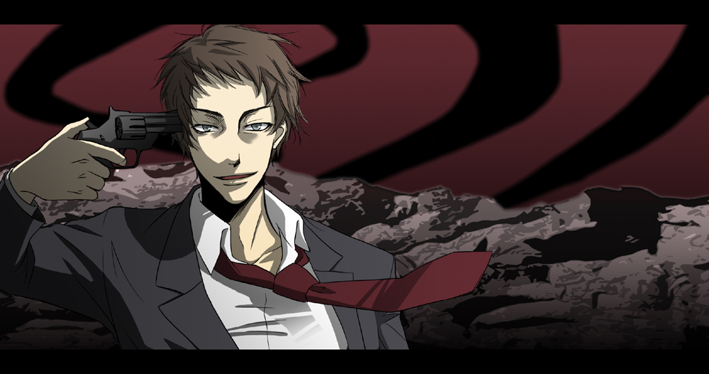 sin-007, adachi tooru, atlus, persona, persona 4, bad id, bad pixiv id, spoilers, 1boy, brown hair, gun, gun to head, handgun, holding, holding gun, holding weapon, male focus, necktie, revolver, short hair, smile, solo, weapon