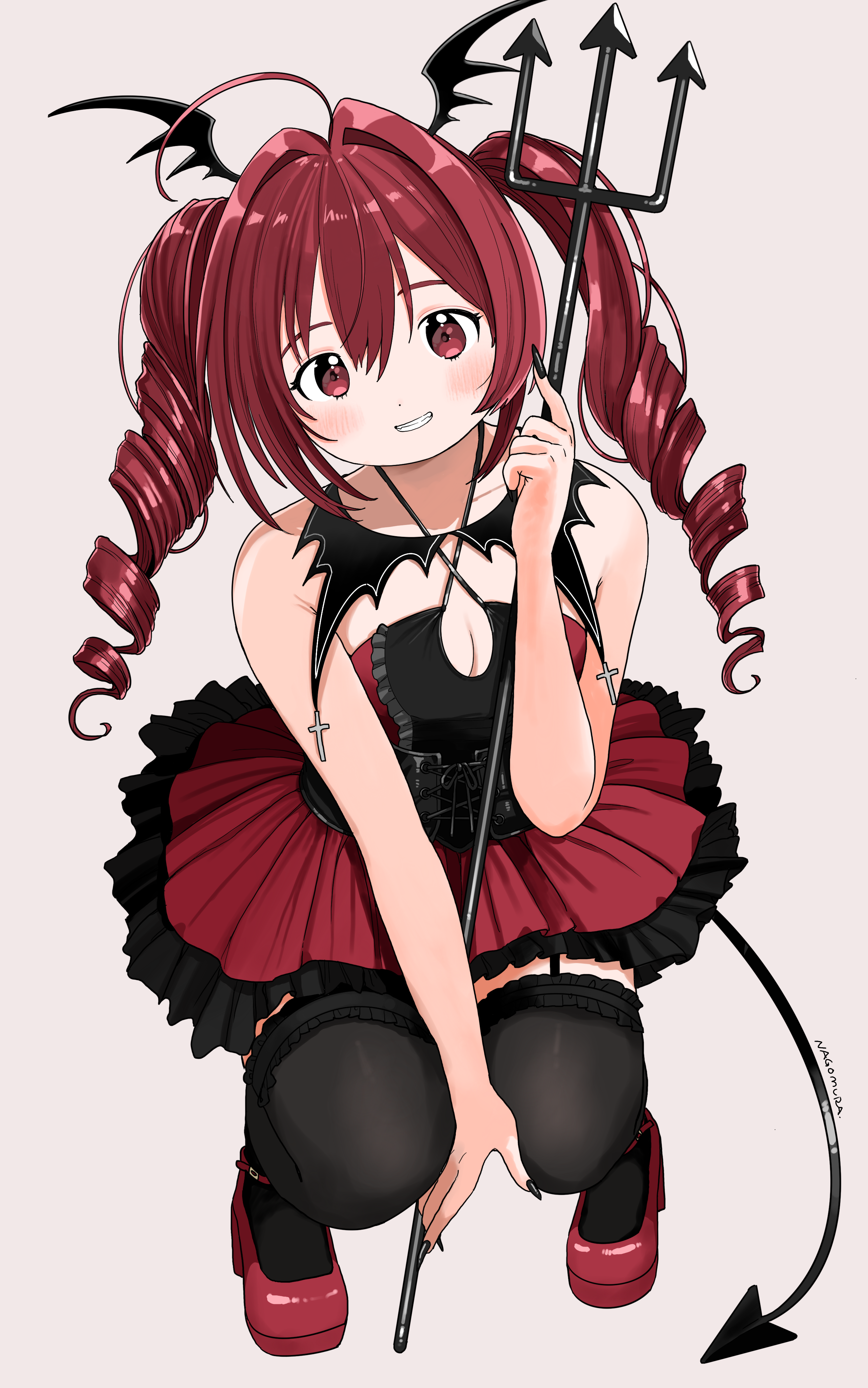 nagomurasan, original, absurdres, commentary, highres, symbol-only commentary, 1girl, ahoge, artist name, bare shoulders, black dress, black nails, black thighhighs, blush, breasts, cleavage, cross, demon, demon girl, demon tail, demon wings, dot nose, double-parted bangs, dress, drill hair, full body, grey background, grin, hair between eyes, holding, holding pitchfork, iron cross, long hair, looking at viewer, medium breasts, nail polish, open mouth, pitchfork, red eyes, red hair, red shoes, shoes, sidelocks, signature, simple background, smile, solo, squatting, tail, thighhighs, twintails, wings