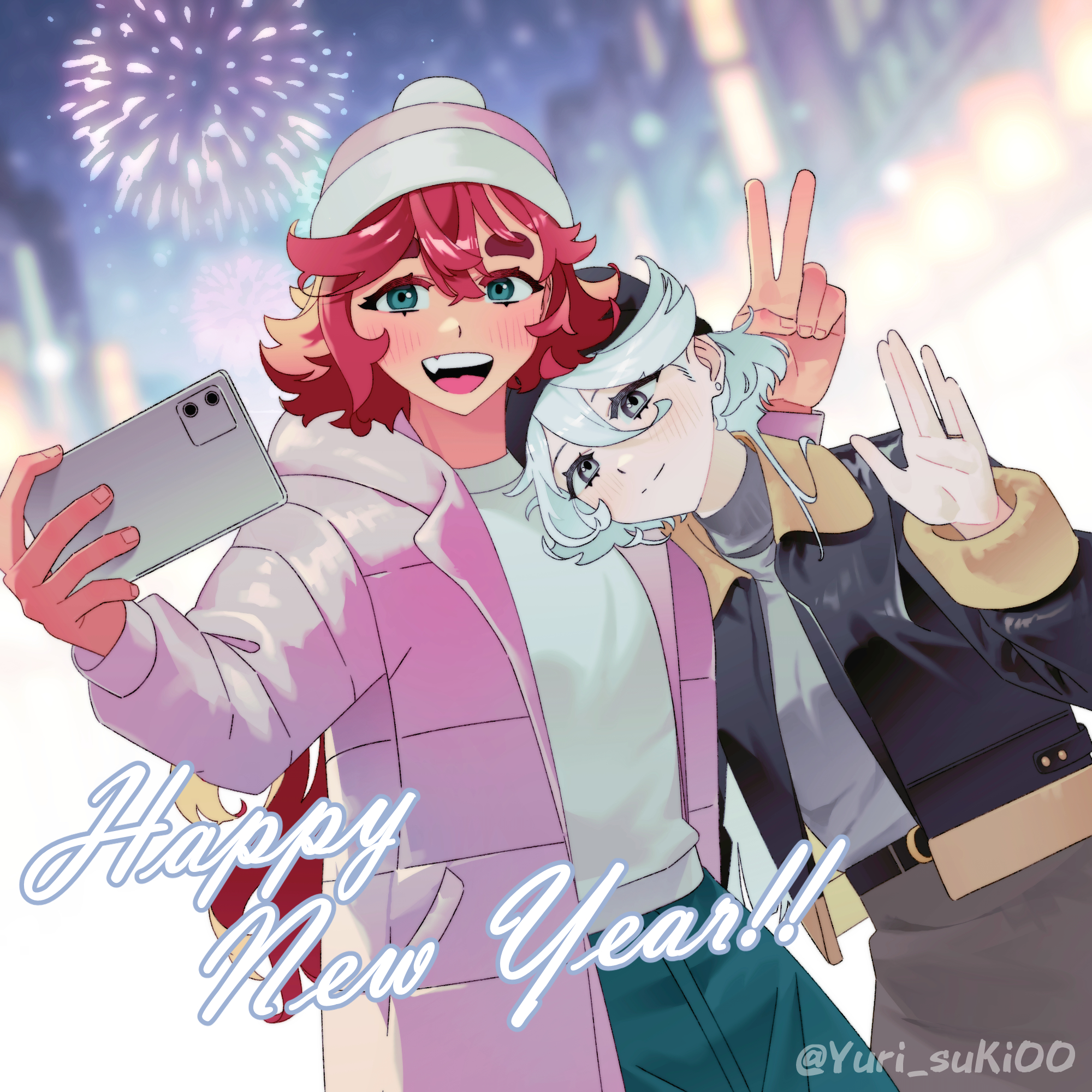 yurisuki00, miorine rembran, suletta mercury, gundam, gundam suisei no majo, commentary, highres, 2girls, arm around neck, black jacket, blush, cellphone, closed mouth, coat, earrings, fang, fireworks, grey eyes, hand up, happy new year, holding, holding phone, jacket, jewelry, long hair, multiple girls, new year, open mouth, outdoors, phone, pink coat, red hair, ring, selfie, shirt, smartphone, smile, stud earrings, taking picture, thick eyebrows, twitter username, v, waving, wedding ring, white hair, white shirt, wife and wife, yuri