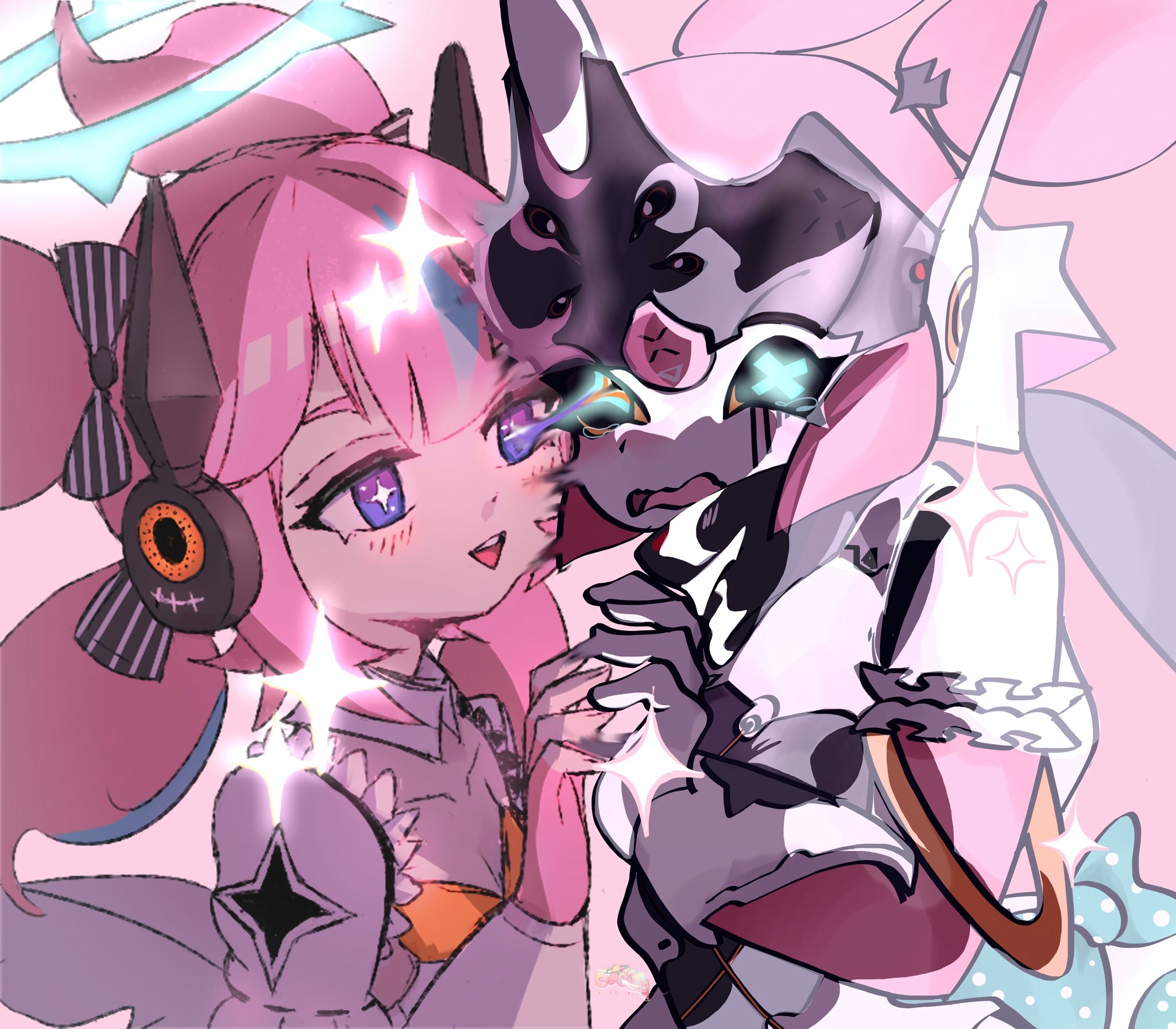 yutane johiel, zenless zone zero, highres, 2girls, breasts, dual persona, green eyes, hair ornament, halo, holding hands, humanoid robot, interlocked fingers, koumilust, looking at viewer, medium breasts, multiple girls, pink hair, robot, robot girl, shirt, smile, upper body, white shirt