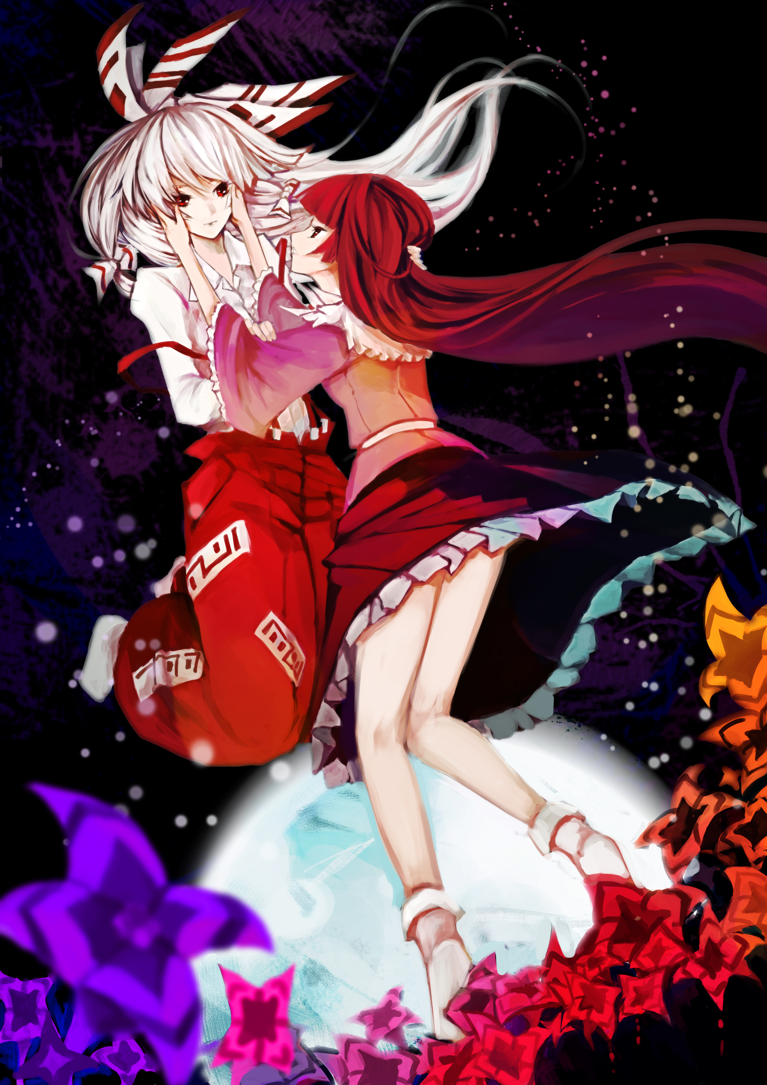 ll.ee., fujiwara no mokou, houraisan kaguya, touhou, absurdres, highres, 2girls, black hair, bow, female focus, flower, full moon, grey hair, hair bow, long hair, moon, multiple girls, pants, red eyes, socks, yuri