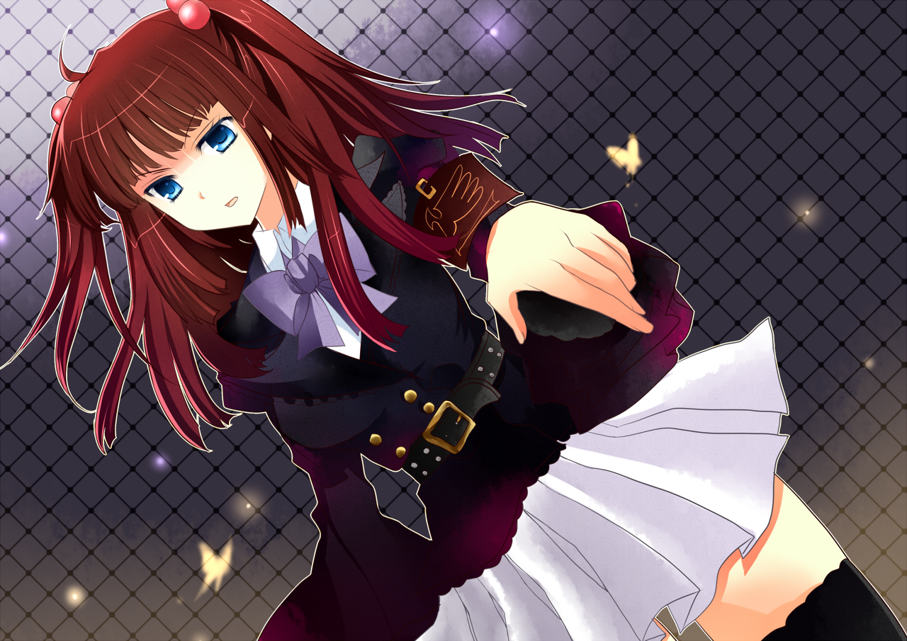 kinatsu souju, ushiromiya ange, umineko no naku koro ni, bad id, bad pixiv id, 00s, 1girl, armband, belt, black thighhighs, blue eyes, bow, bowtie, bug, butterfly, chain-link fence, female focus, fence, hair bobbles, hair ornament, insect, pleated skirt, red hair, skirt, solo, thighhighs, zettai ryouiki