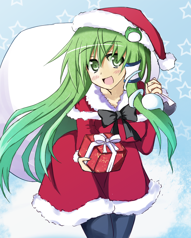 shiduki eku, kochiya sanae, touhou, bad id, bad pixiv id, 1girl, christmas, female focus, frog, green eyes, green hair, hair ornament, hat, long hair, pantyhose, santa costume, santa hat, snake, solo, standing