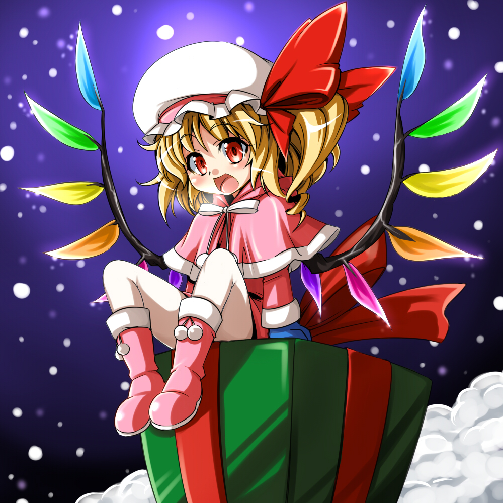 tajima yuuki, flandre scarlet, touhou, 1girl, blonde hair, boots, capelet, christmas, female focus, full body, gift, gloves, hat, outdoors, pantyhose, pink boots, ponytail, red eyes, santa costume, short hair, side ponytail, sitting, sky, solo, wings