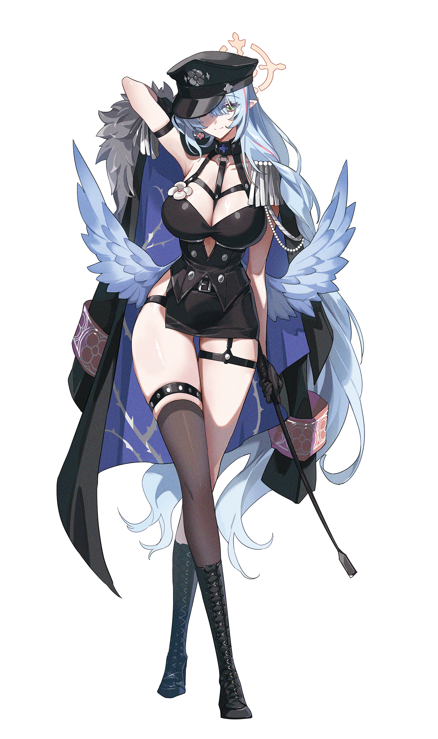 memdic (srs00108), mine (blue archive), blue archive, absurdres, commentary request, highres, 1girl, alternate costume, asymmetrical legwear, black coat, black corset, black skirt, blue hair, blue wings, breasts, closed mouth, coat, coat on shoulders, corset, feathered wings, full body, garter straps, green eyes, hair between eyes, halo, hat, large breasts, long hair, looking at viewer, open clothes, open coat, pointy ears, single thighhigh, skirt, solo, thigh strap, thighhighs, two-sided coat, two-sided fabric, very long hair, wings, yellow halo