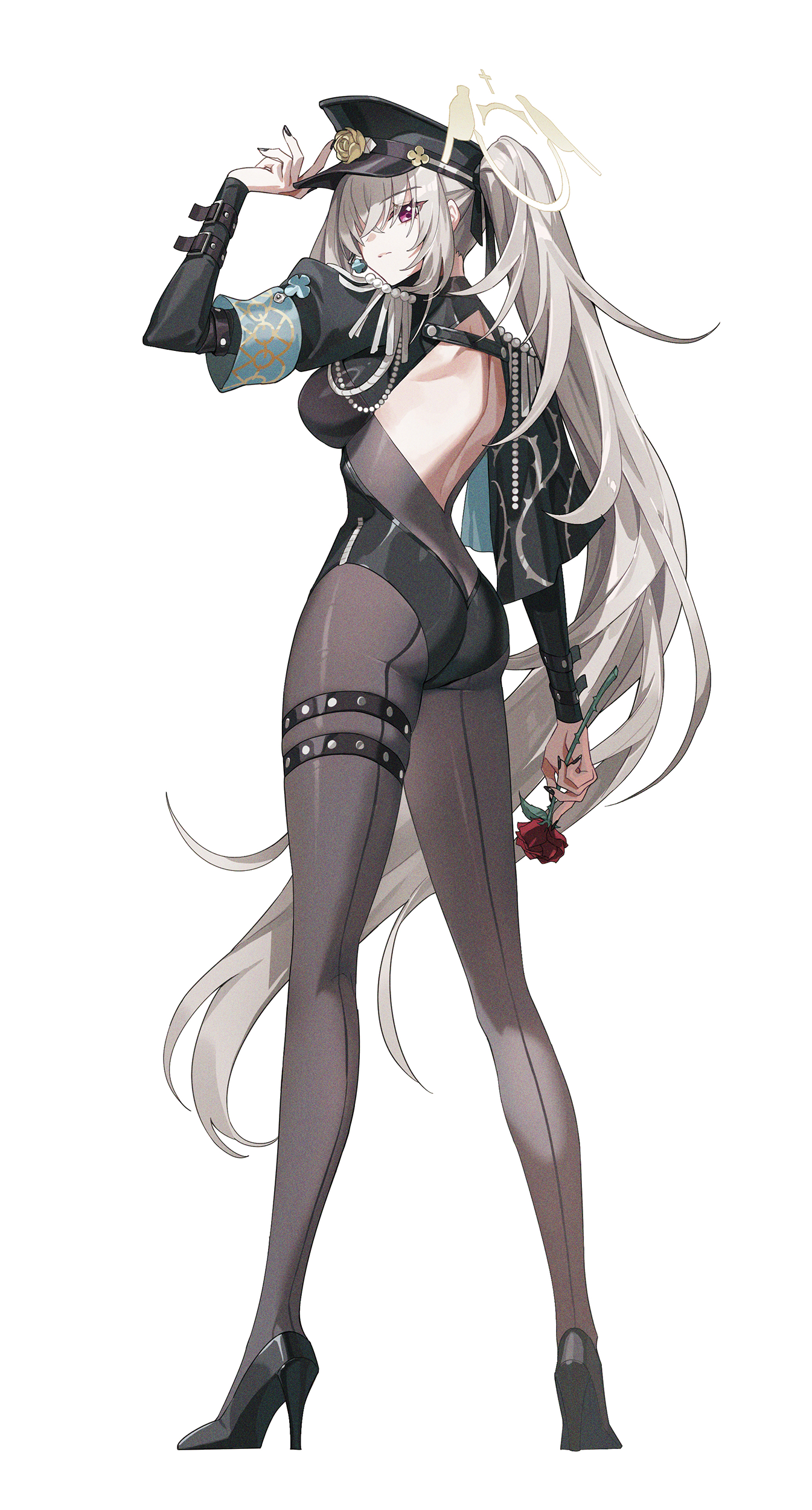 memdic (srs00108), sakurako (blue archive), blue archive, absurdres, commentary request, highres, 1girl, alternate costume, ass, back, black leotard, bodystocking, breasts, closed mouth, flower, full body, grey hair, halo, high heels, large breasts, leotard, long hair, looking at viewer, pantyhose, purple eyes, red flower, red rose, rose, side ponytail, thigh strap, very long hair