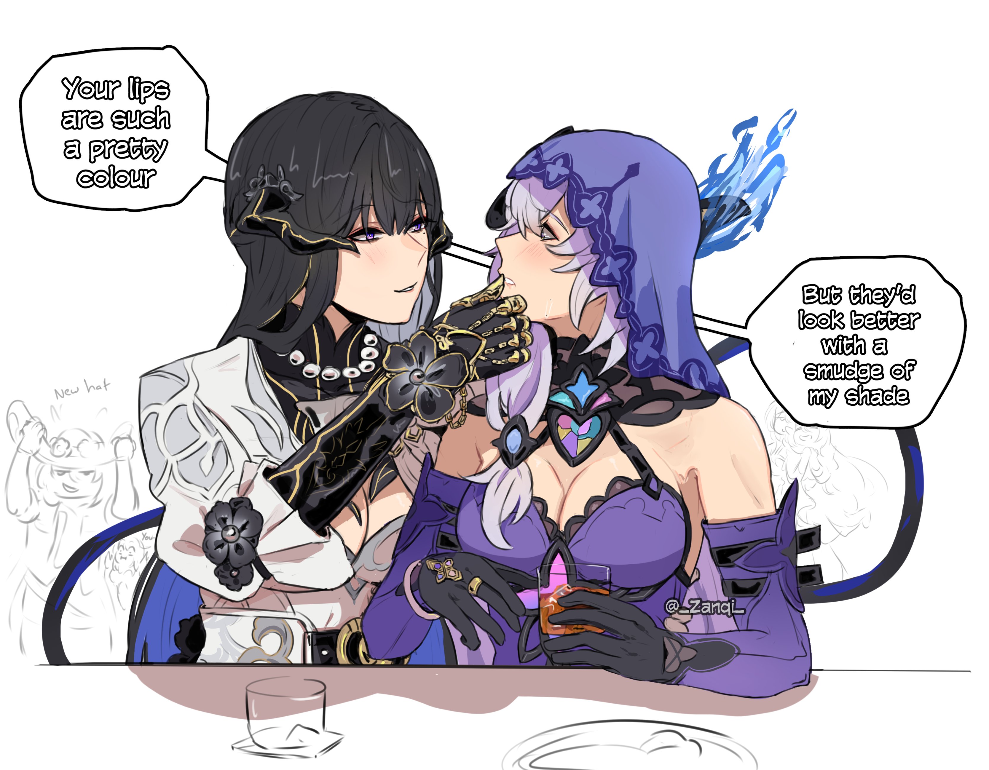 zanqi, black swan (honkai: star rail), the dahlia (honkai: star rail), honkai: star rail, honkai (series), absurdres, character request, commentary, english commentary, highres, 2girls, alcohol, bare shoulders, black gloves, black hair, breasts, cleavage, cup, dress, elbow gloves, english text, gloves, hand on another's chin, horns, large breasts, long hair, mole, mole under eye, multiple girls, off-shoulder dress, off shoulder, purple dress, purple eyes, purple hair, smile, speech bubble, sweat, twitter username, veil, whiskey, white dress, yuri