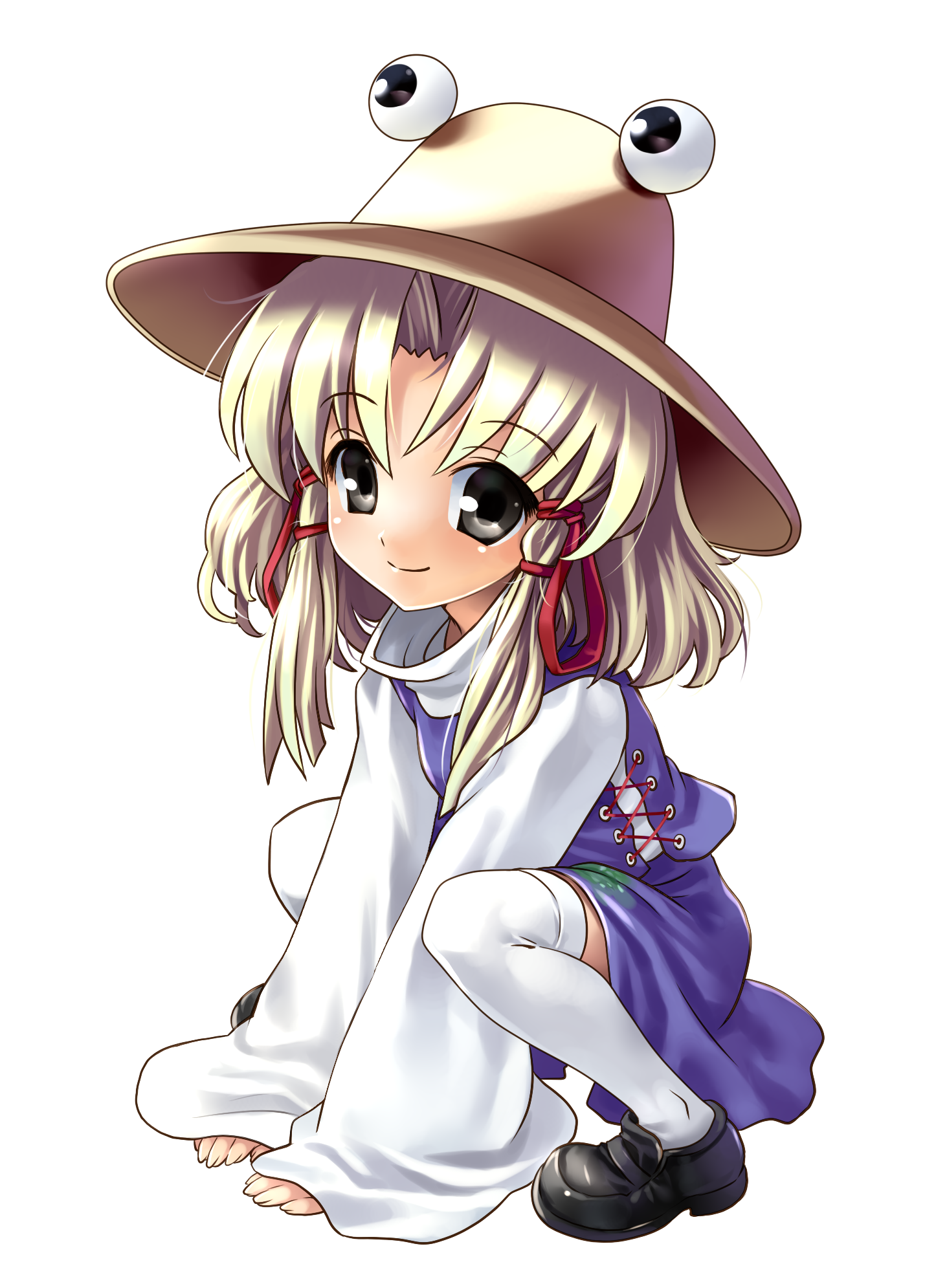 katahira masashi, moriya suwako, touhou, highres, md5 mismatch, resolution mismatch, source larger, 1girl, black eyes, blonde hair, female focus, full body, hat, loafers, shoes, smile, solo, squatting, thighhighs, transparent background