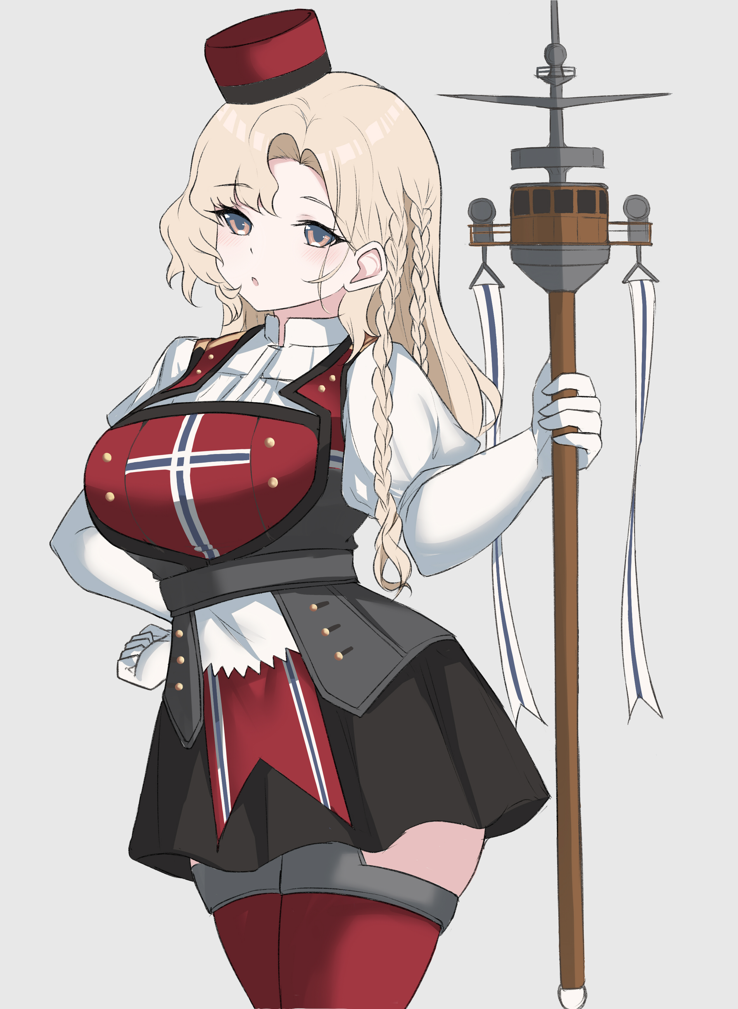 jiangyou dang, eidsvold (kancolle), kantai collection, absurdres, commentary, highres, 1girl, blonde hair, braid, breasts, brown eyes, grey background, hand on own hip, hat, holding, holding staff, large breasts, long hair, red hat, red thighhighs, short sleeves, side braids, simple background, solo, staff, thighhighs