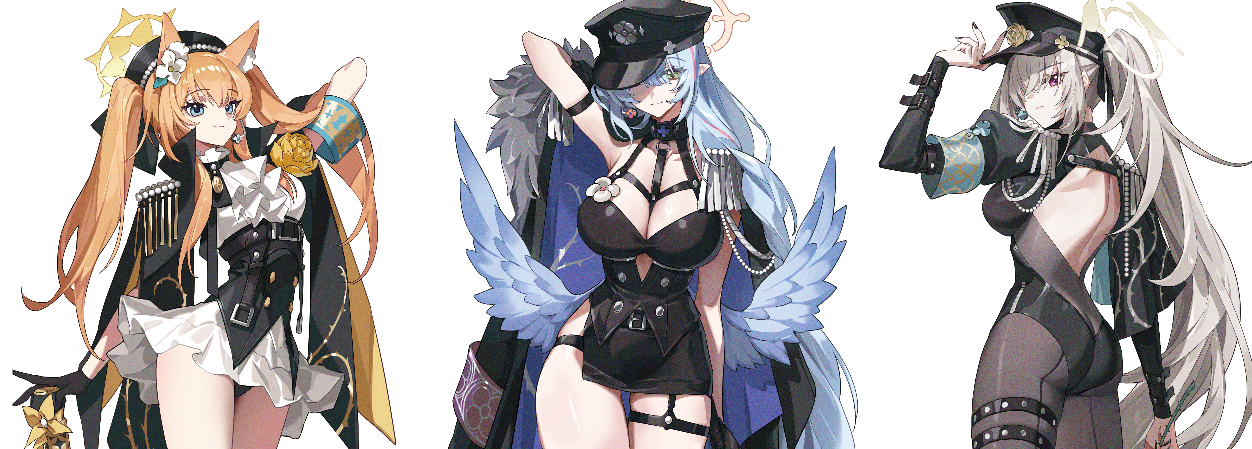 memdic (srs00108), mari (blue archive), mine (blue archive), sakurako (blue archive), blue archive, absurdres, commentary request, highres, 3girls, alternate costume, animal ears, armband, ass, back, belt, black coat, black corset, black gloves, black leotard, black panties, black skirt, blue hair, blue wings, bodystocking, breasts, cane, cat ears, cat girl, closed mouth, coat, coat on shoulders, corset, dress, feathered wings, flower, full body, garter straps, gloves, green eyes, grey hair, hair between eyes, halo, hat, high heels, holding, holding cane, large breasts, leotard, long hair, looking at viewer, medium breasts, multiple girls, open clothes, open coat, orange hair, panties, pointy ears, purple eyes, red flower, red rose, rose, shrug (clothing), side ponytail, simple background, single thighhigh, skirt, smile, standing, thigh strap, thighhighs, twintails, two-sided coat, two-sided fabric, underwear, very long hair, white background, wings, yellow halo