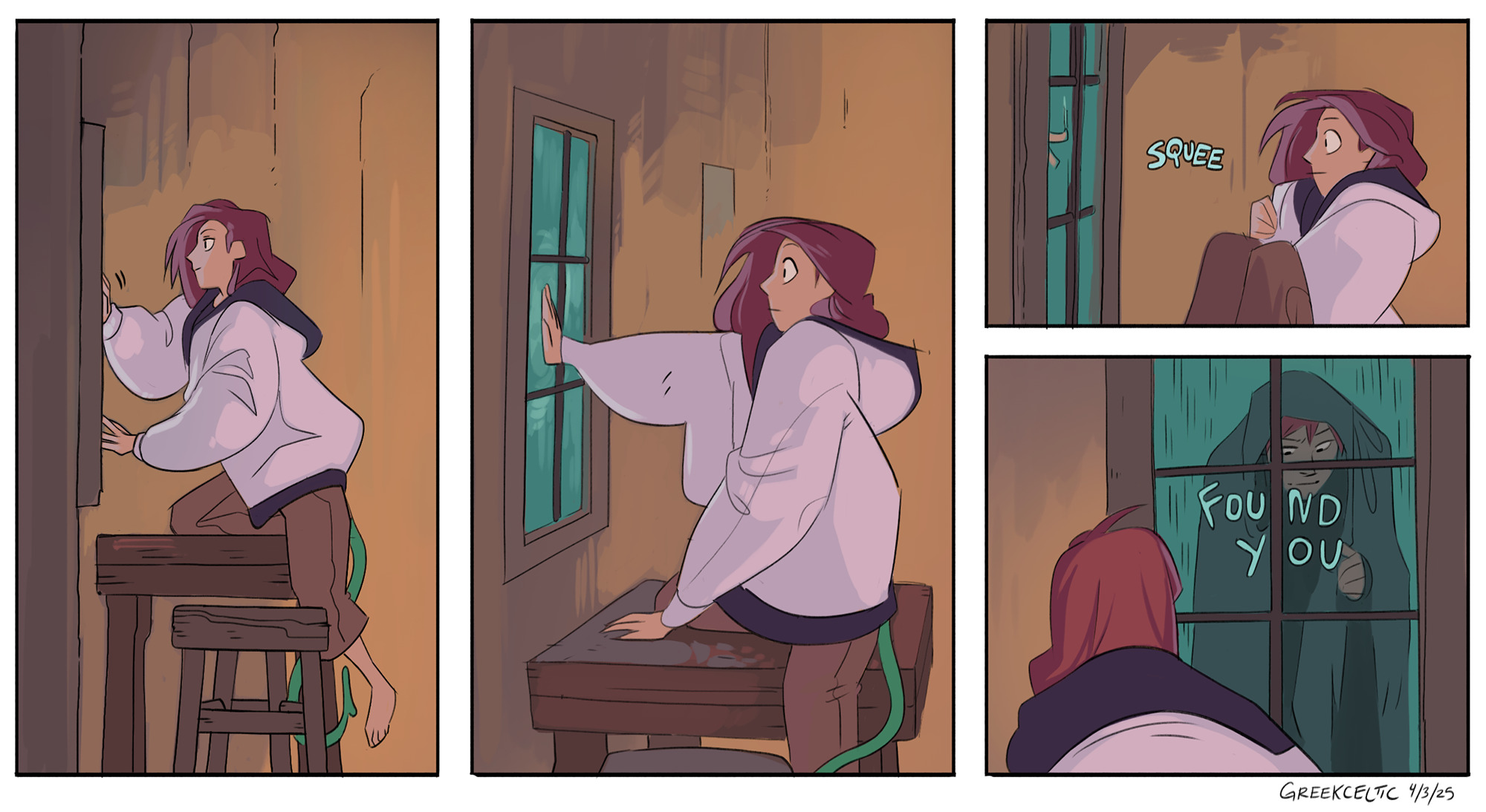 greekceltic, herman (greekceltic), jacky (greekceltic), original, commentary, english commentary, highres, 1boy, 1girl, bench, black hoodie, brown pants, dated, from inside, hood, hoodie, indoors, medium hair, orange hair, pants, rain, signature, table, tail, white hoodie, window, wooden bench, wooden table