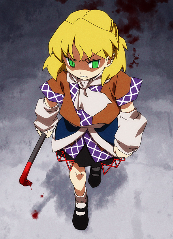 tonbi, mizuhashi parsee, touhou, bad id, bad pixiv id, 1girl, angry, arm warmers, blonde hair, blood, clenched teeth, crowbar, female focus, floor, from above, full body, green eyes, holding, holding crowbar, knees, looking ahead, pointy ears, scarf, shaded face, shoes, short hair, skirt, solo, standing, teeth, weapon, you gonna get raped