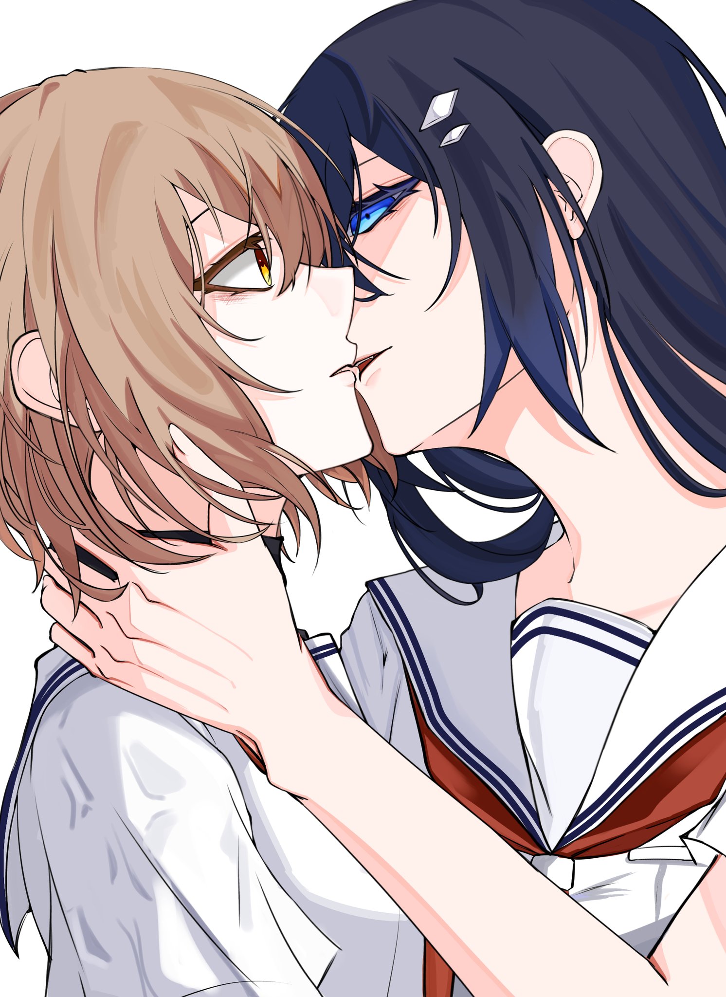 oumi shiori, yaotose hinako, watashi wo tabetai hitodenashi, commentary request, highres, 2girls, black hair, blue eyes, brown eyes, brown hair, eye contact, frieddoughcak10, hair ornament, hand on another's neck, imminent kiss, looking at another, multiple girls, neckerchief, parted lips, red neckerchief, sailor collar, school uniform, serafuku, shirt, simple background, white background, white sailor collar, white shirt, yuri