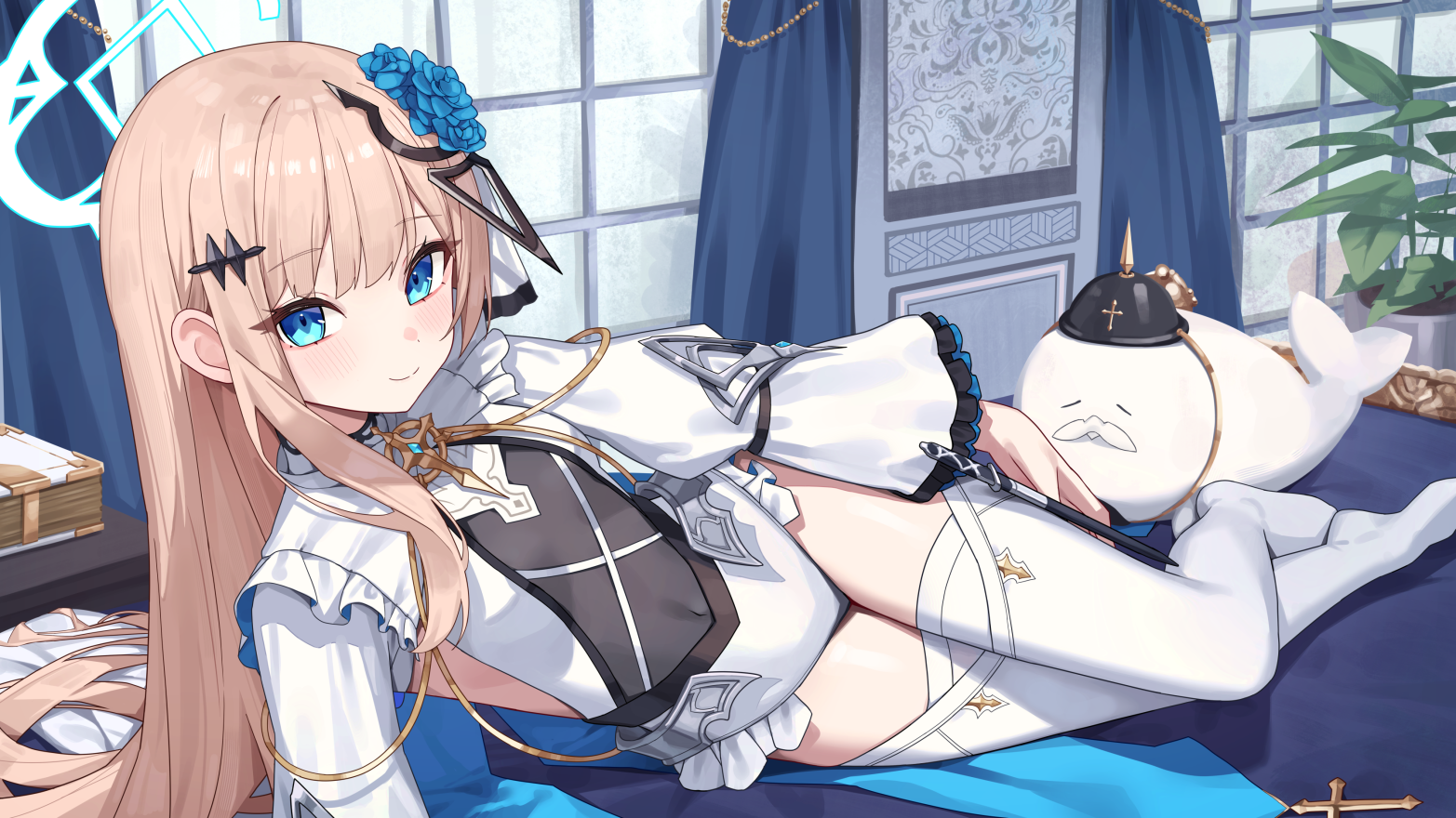 suumon, character request, commentary request, copyright request, 1girl, blonde hair, blue hair, flat chest, frilled sleeves, frills, leotard, long hair, long sleeves, looking at viewer, navel, see-through clothes, solo, stomach, thighhighs, very long hair, white leotard, white thighhighs