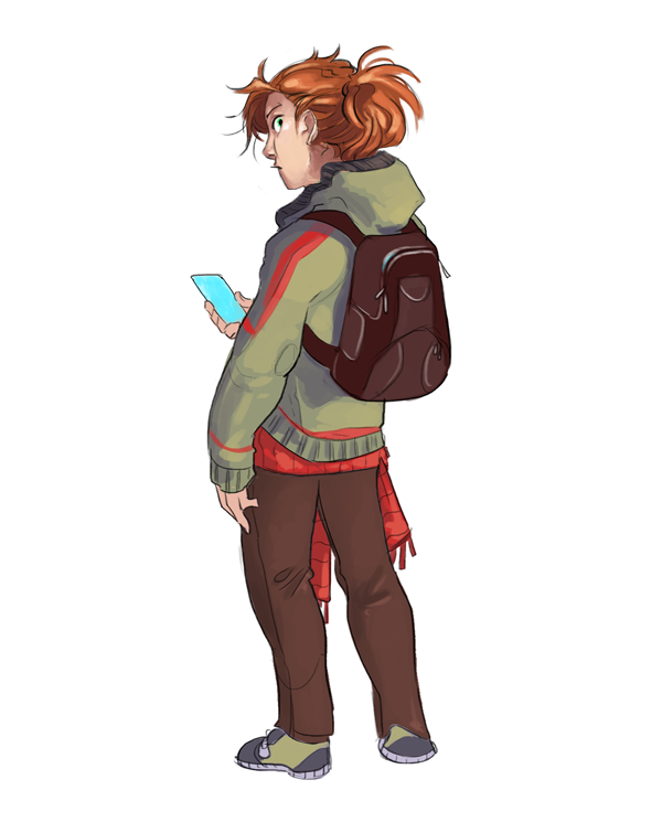 greekceltic, jacky (greekceltic), original, commentary, english commentary, 1girl, bag, brown pants, cellphone, full body, green eyes, green hoodie, holding, holding phone, hood, hoodie, looking back, medium hair, orange hair, pants, phone, ponytail, red hoodie, red scarf, scarf, school bag, simple background, smartphone, solo, standing, white background