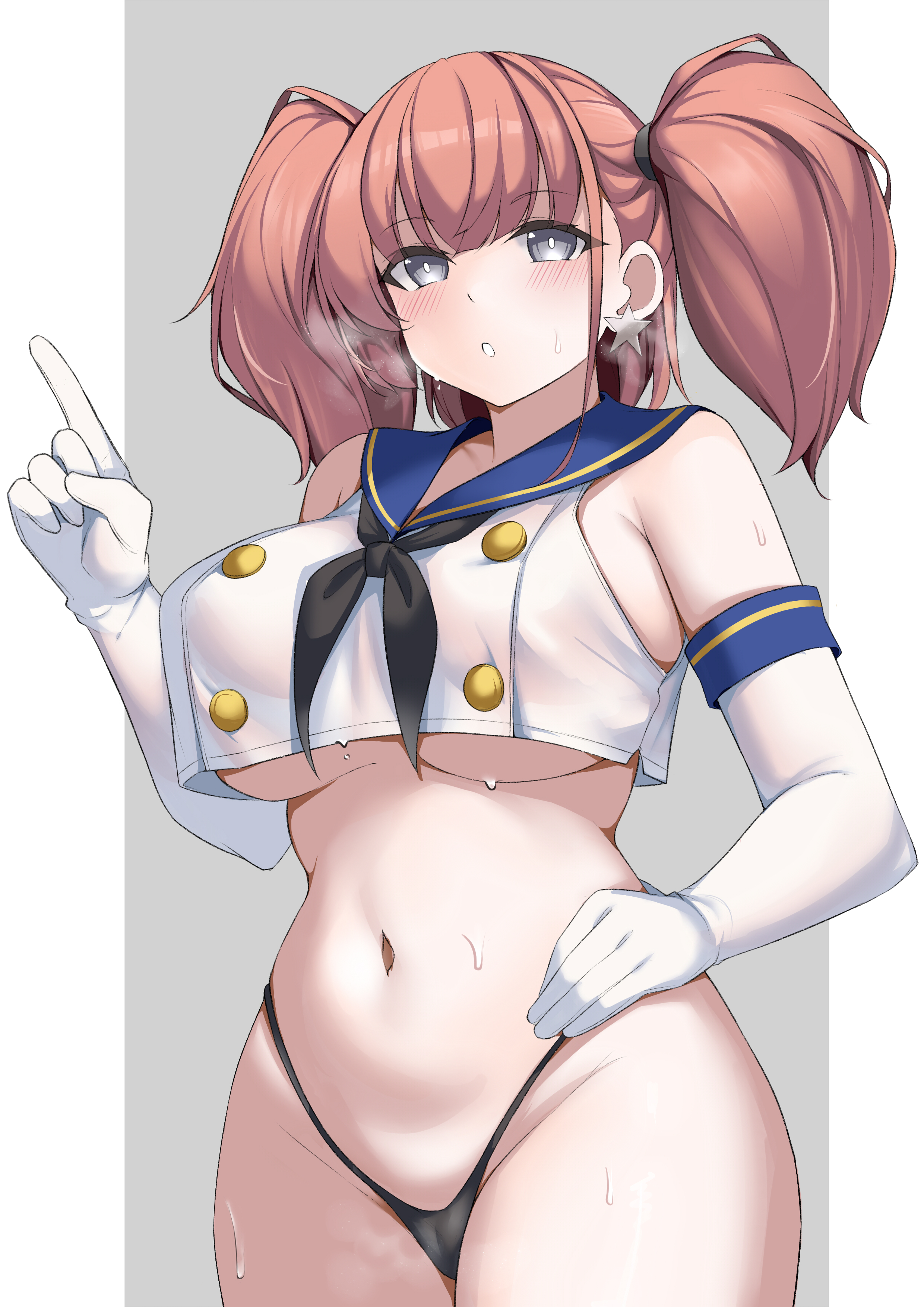 jiangyou dang, atlanta (kancolle), shimakaze (kancolle), kantai collection, absurdres, commentary, highres, 1girl, black neckerchief, black panties, blue sailor collar, blush, border, breasts, brown hair, cameltoe, cosplay, cowboy shot, crop top, earrings, elbow gloves, gloves, grey background, grey eyes, hand on own hip, heavy breathing, highleg, highleg panties, index finger raised, jewelry, large breasts, long hair, looking at viewer, navel, neckerchief, panties, sailor collar, shimakaze (kancolle) (cosplay), shirt, simple background, single earring, solo, star (symbol), star earrings, stomach, sweat, thong, two side up, underboob, underwear, white border, white gloves, white shirt
