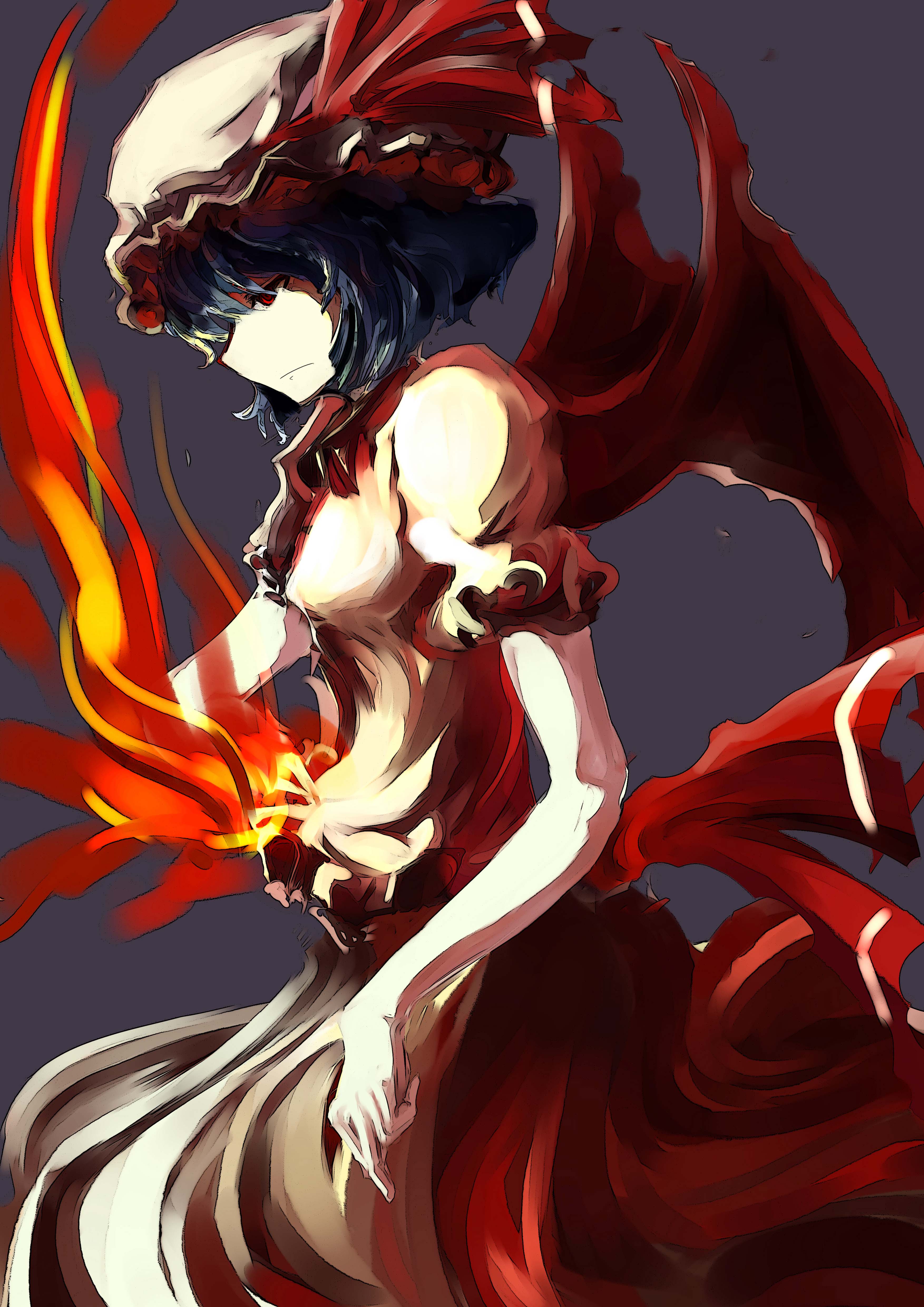 rosicrucuans, remilia scarlet, touhou, absurdres, highres, 1girl, bat wings, blue hair, bow, dress, female focus, fire, hat, red eyes, simple background, solo, wings